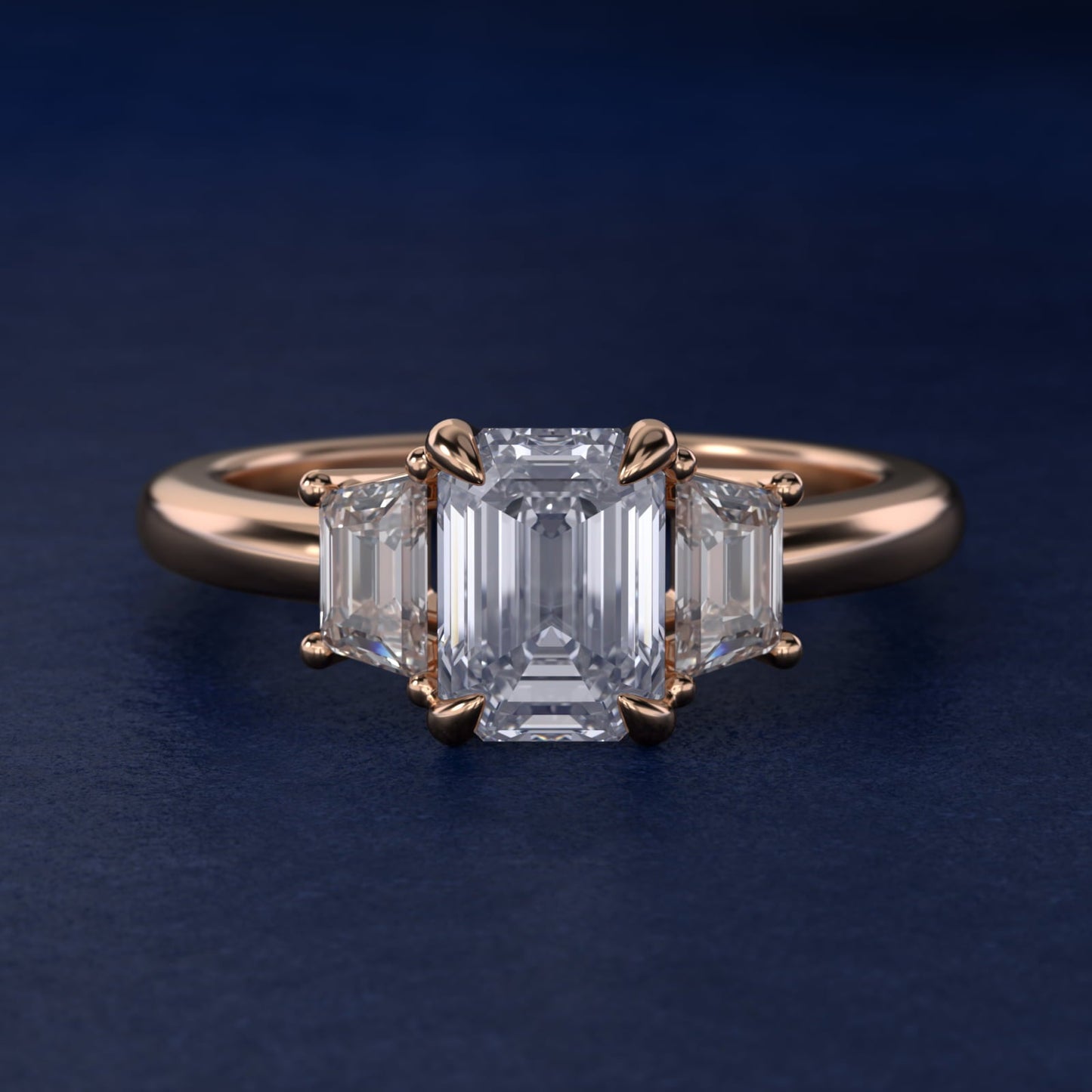 Three-Stone Trapezoid Sidestone Diamond Engagement Ring in 18k Rose Gold (1/2 ct. tw.) - Emerald Center
