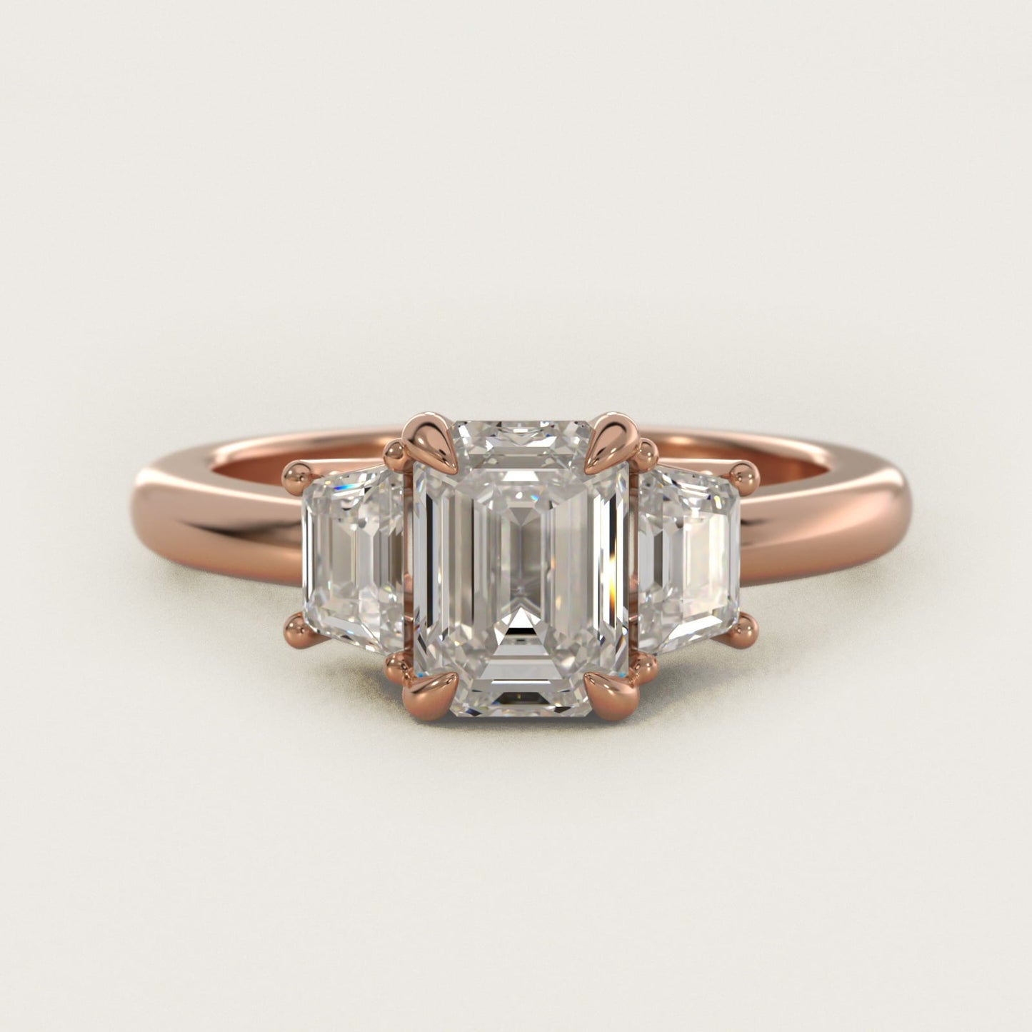 Three-Stone Trapezoid Sidestone Diamond Engagement Ring in 18k Rose Gold (1/2 ct. tw.) - Emerald Center