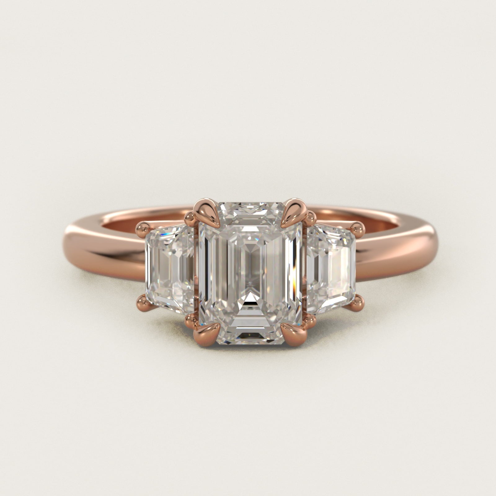 Three-Stone Trapezoid Sidestone Diamond Engagement Ring in 18k Rose Gold (1/2 ct. tw.) - Emerald Center