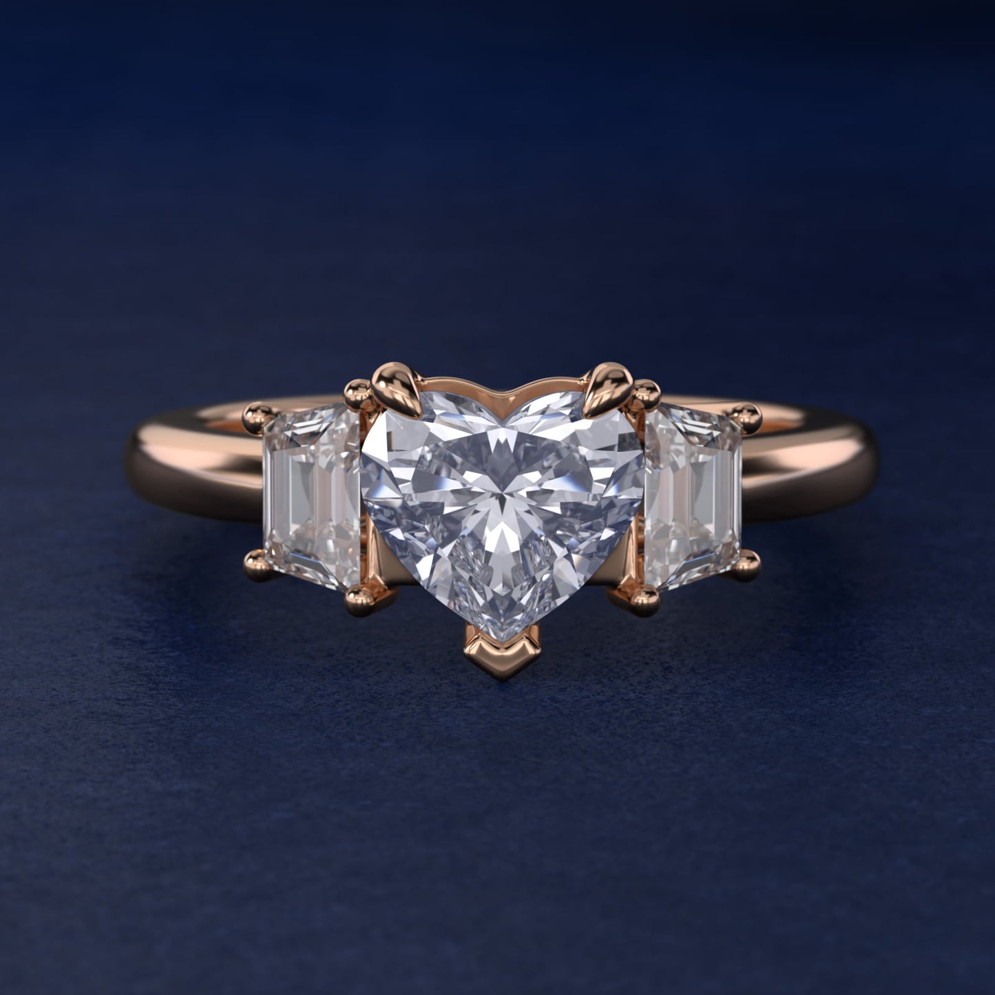 Three-Stone Trapezoid Sidestone Diamond Engagement Ring in 14k Rose Gold (1/2 ct. tw.) - Heart Center