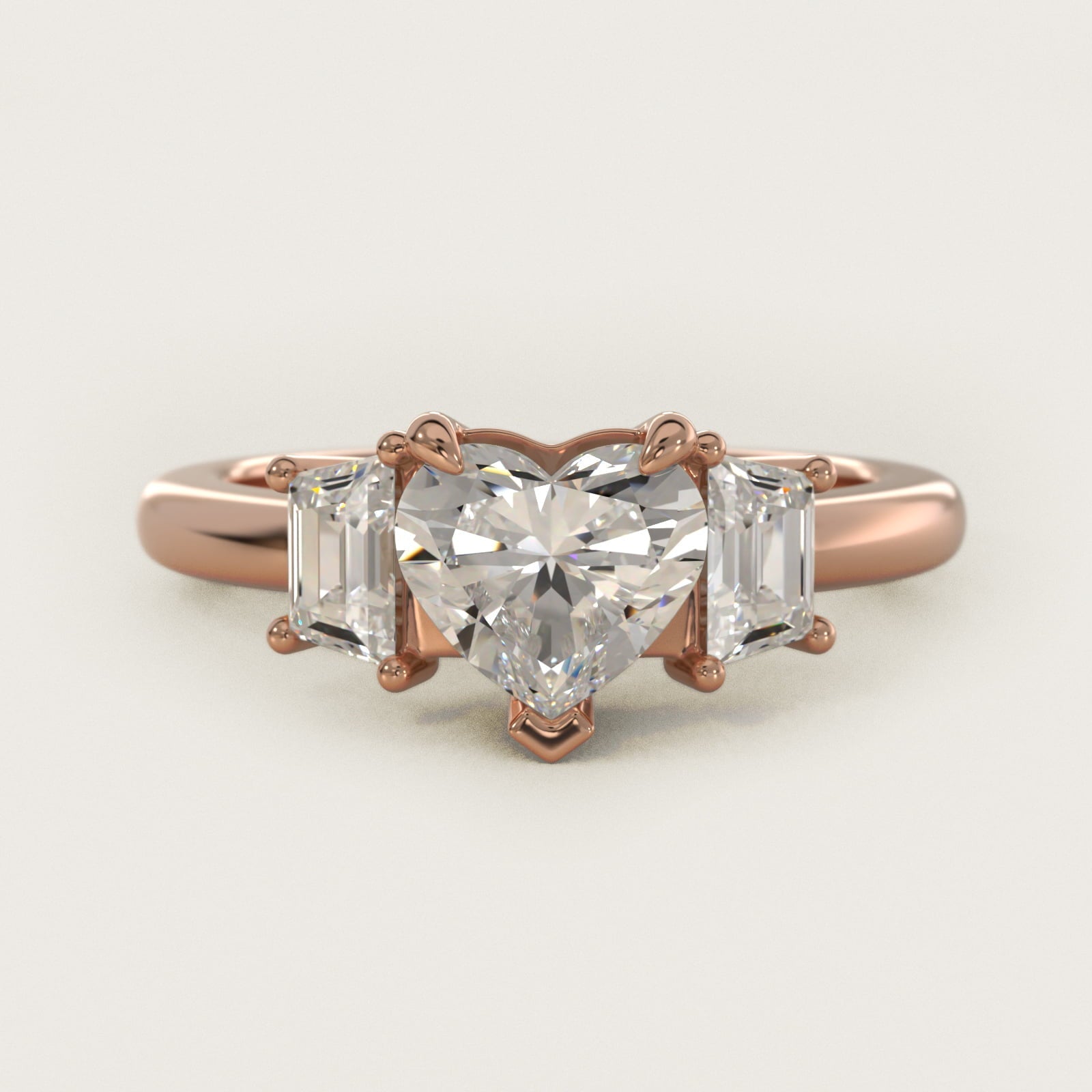 Three-Stone Trapezoid Sidestone Diamond Engagement Ring in 18k Rose Gold (1/2 ct. tw.) - Heart Center