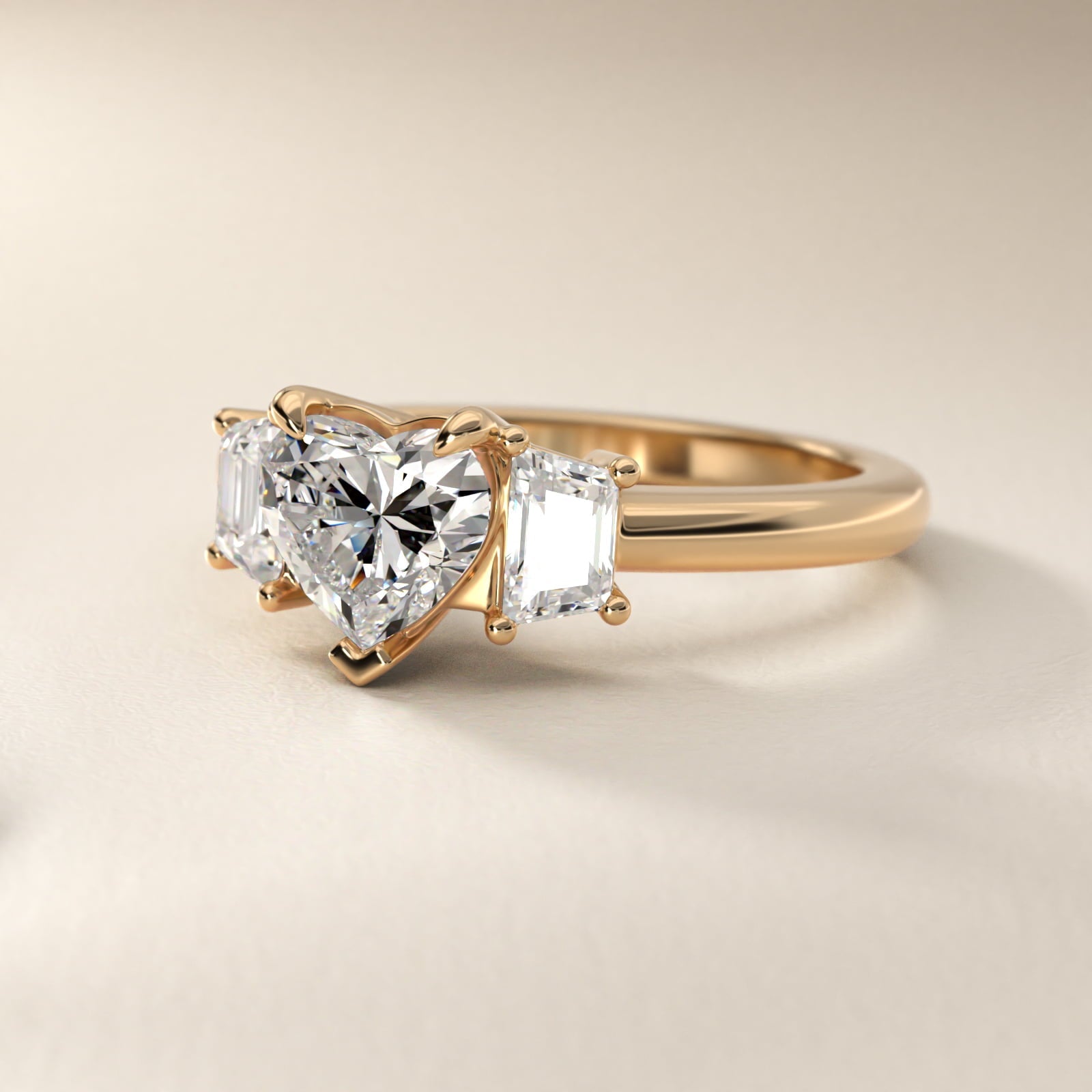 Three-Stone Trapezoid Sidestone Diamond Engagement Ring in 18k Yellow Gold (1/2 ct. tw.) - Heart Center