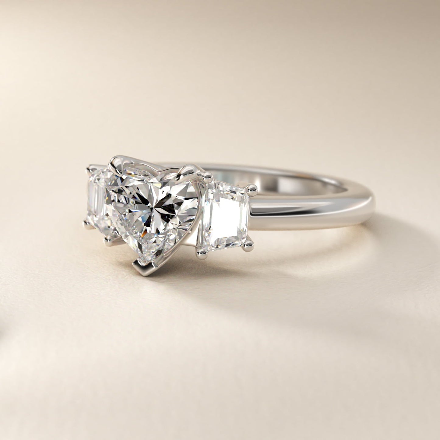 Three-Stone Trapezoid Sidestone Diamond Engagement Ring in Platinum (1/2 ct. tw.) - Heart Center