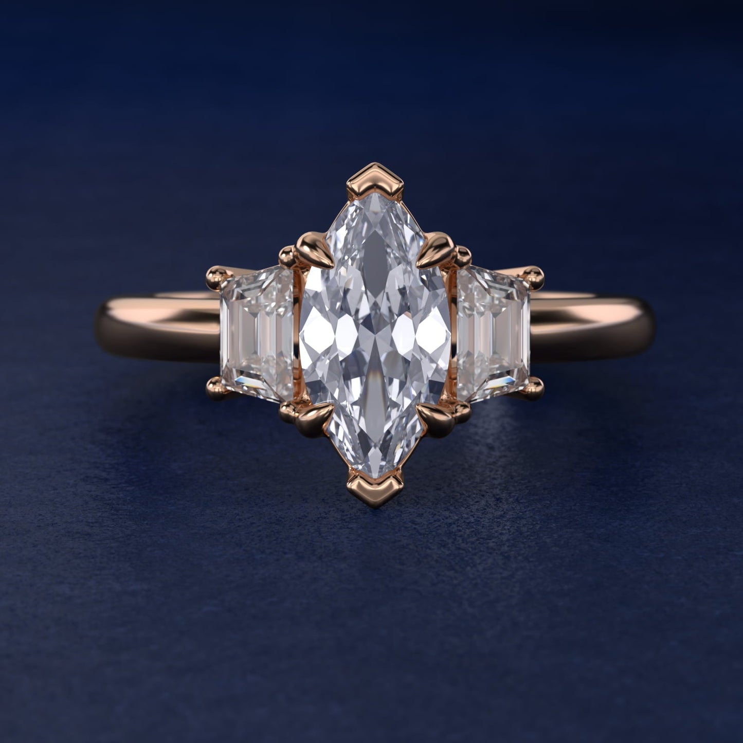 Three-Stone Trapezoid Sidestone Diamond Engagement Ring in 18k Rose Gold (1/2 ct. tw.) - Marquise Center