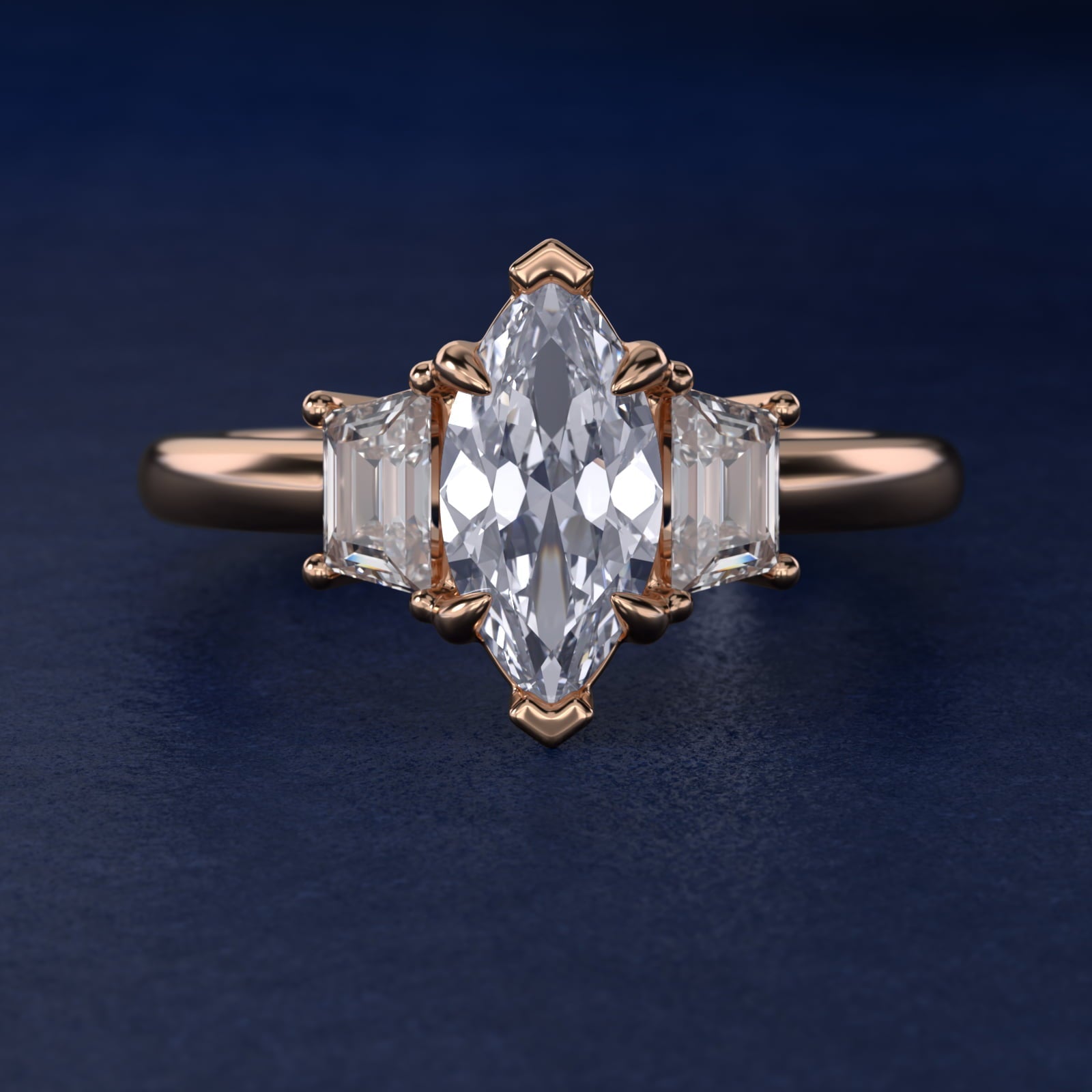 Three-Stone Trapezoid Sidestone Diamond Engagement Ring in 18k Rose Gold (1/2 ct. tw.) - Marquise Center