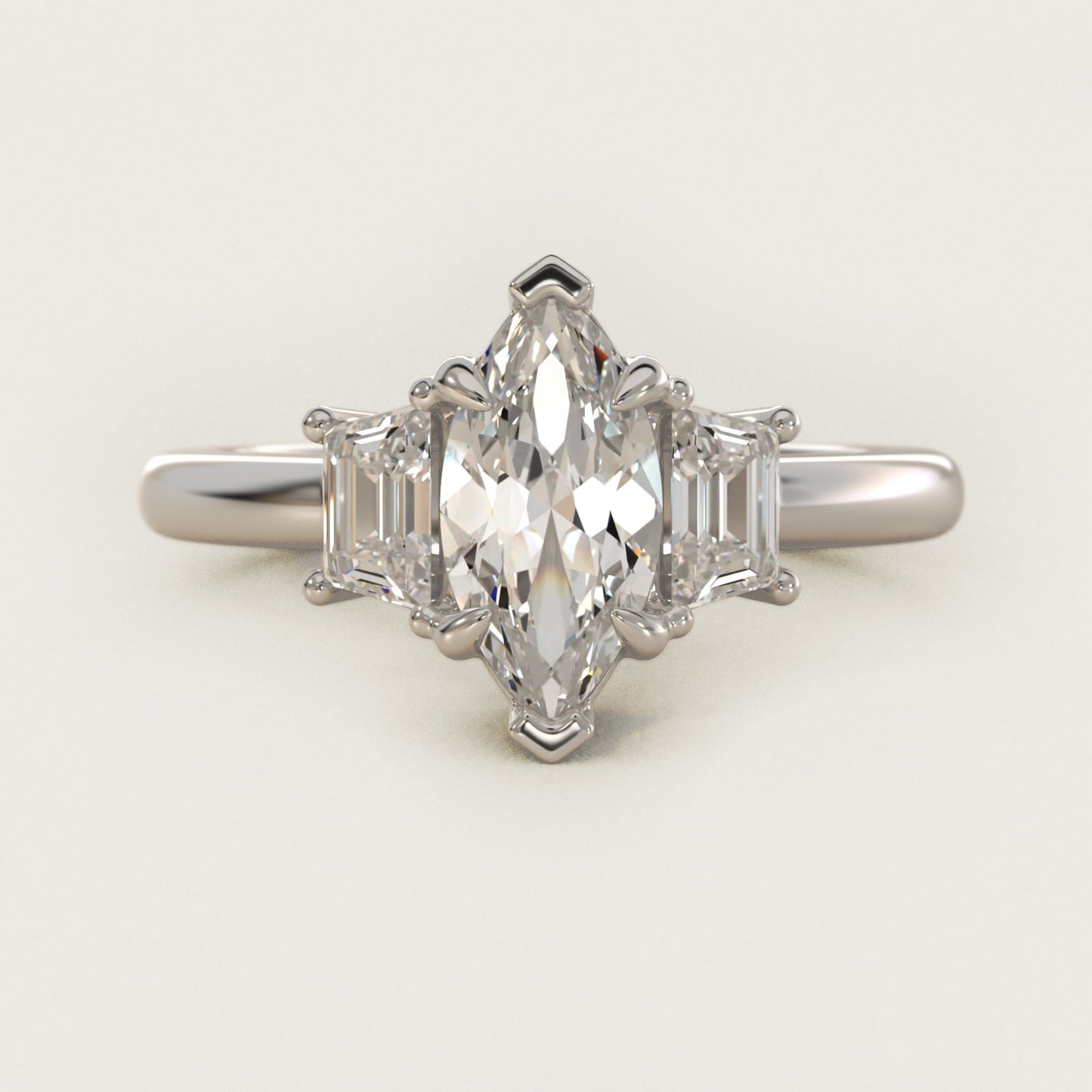 Three-Stone Trapezoid Sidestone Diamond Engagement Ring in 14k White Gold (1/2 ct. tw.) - Marquise Center