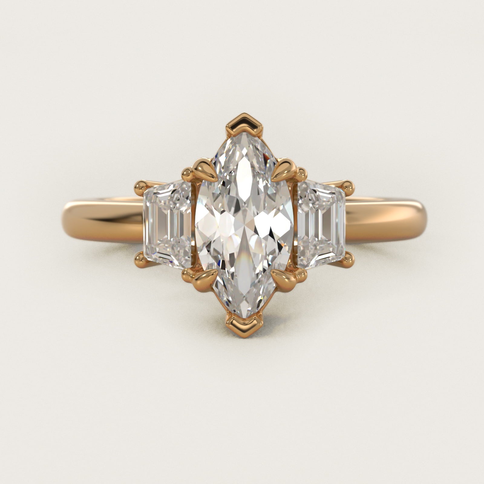 Three-Stone Trapezoid Sidestone Diamond Engagement Ring in 14K Yellow Gold (1/2 ct. tw.) - Marquise Center