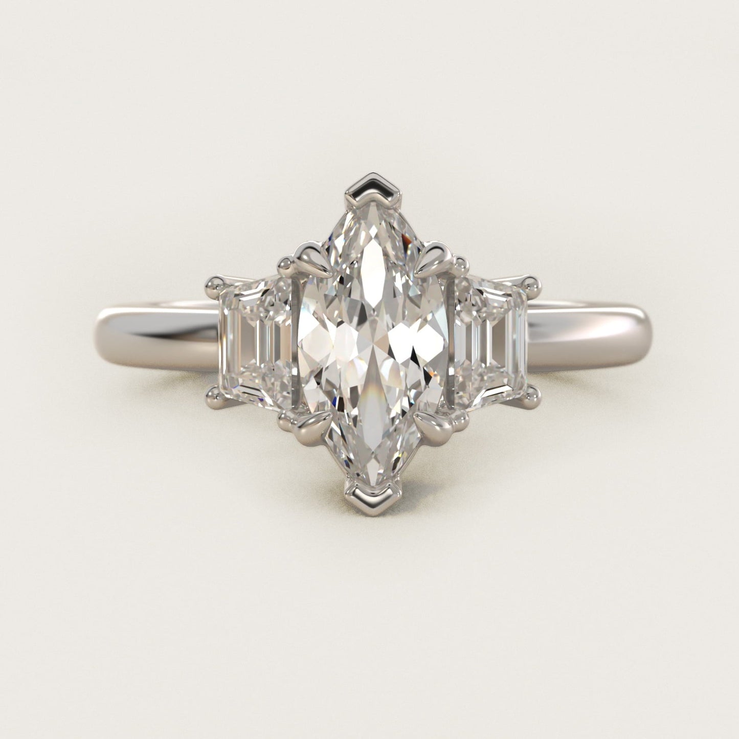 Three-Stone Trapezoid Sidestone Diamond Engagement Ring in Platinum (1/2 ct. tw.) - Marquise Center