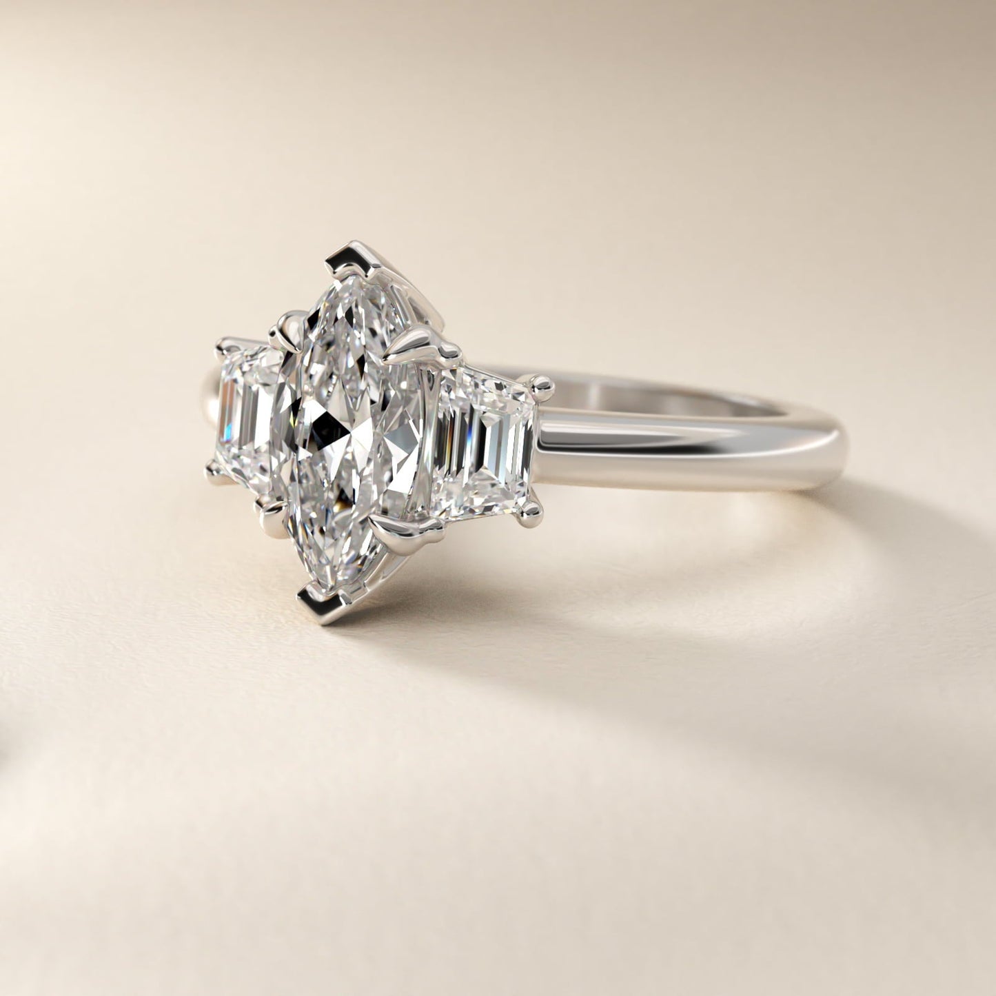 Three-Stone Trapezoid Sidestone Diamond Engagement Ring in Platinum (1/2 ct. tw.) - Marquise Center