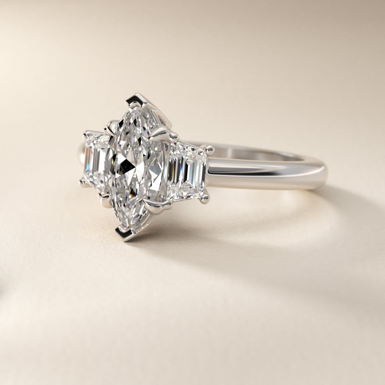 Three-Stone Trapezoid Sidestone Diamond Engagement Ring in Platinum (1/2 ct. tw.) - Marquise Center