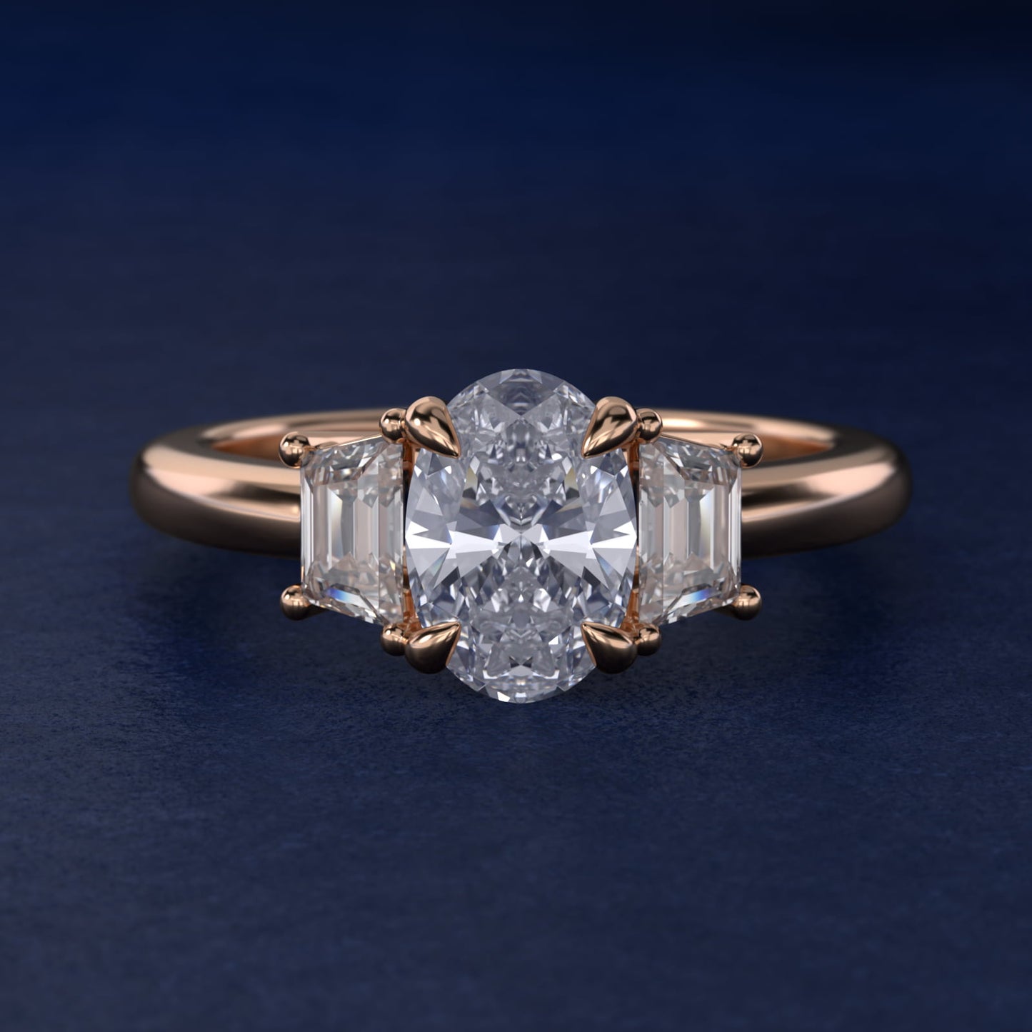 Three-Stone Trapezoid Sidestone Diamond Engagement Ring in 14k Rose Gold (1/2 ct. tw.) - Oval Center