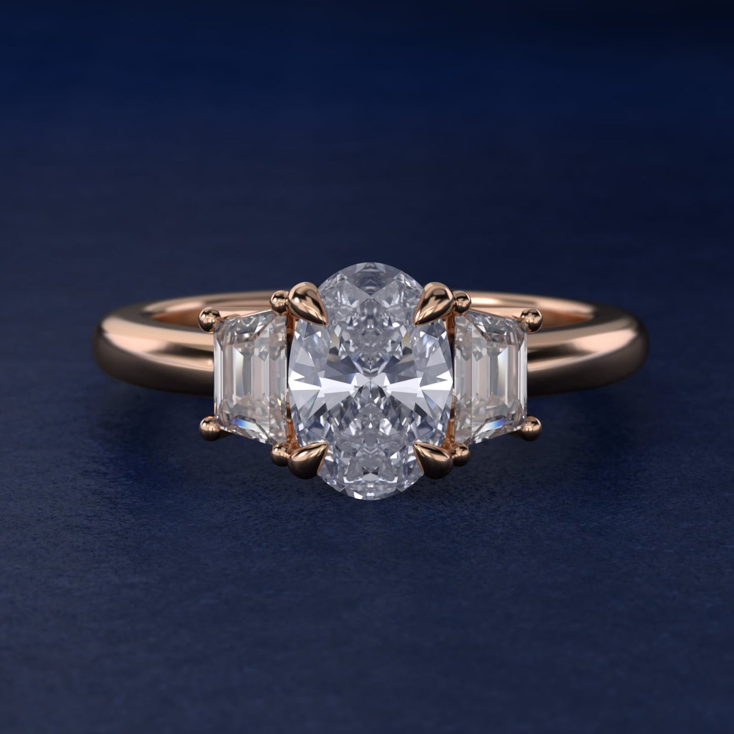 Three-Stone Trapezoid Sidestone Diamond Engagement Ring in 18k Rose Gold (1/2 ct. tw.) - Oval Center