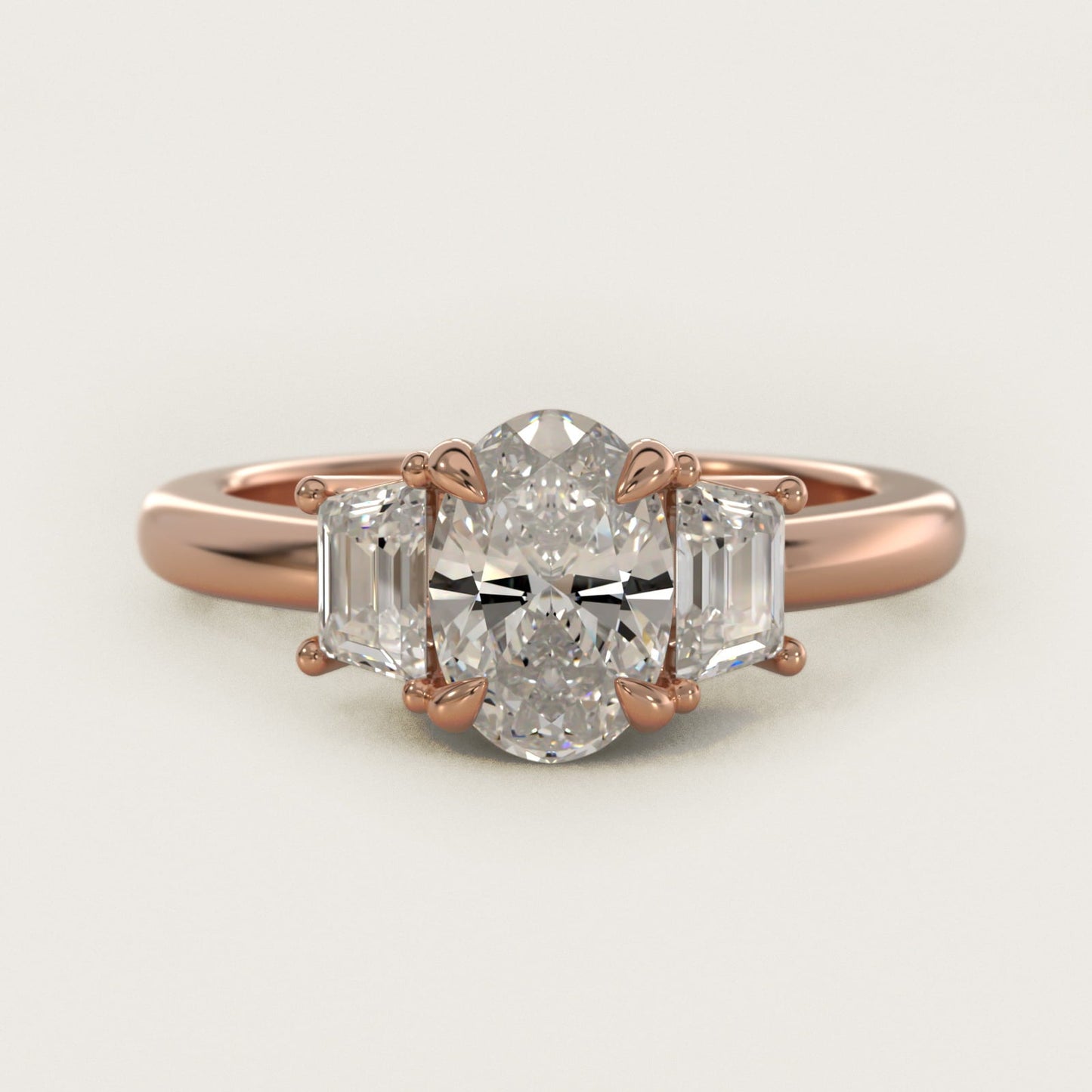 Three-Stone Trapezoid Sidestone Diamond Engagement Ring in 18k Rose Gold (1/2 ct. tw.) - Oval Center