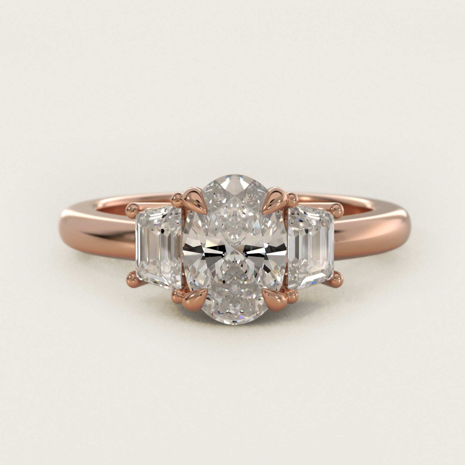 Three-Stone Trapezoid Sidestone Diamond Engagement Ring in 18k Rose Gold (1/2 ct. tw.) - Oval Center