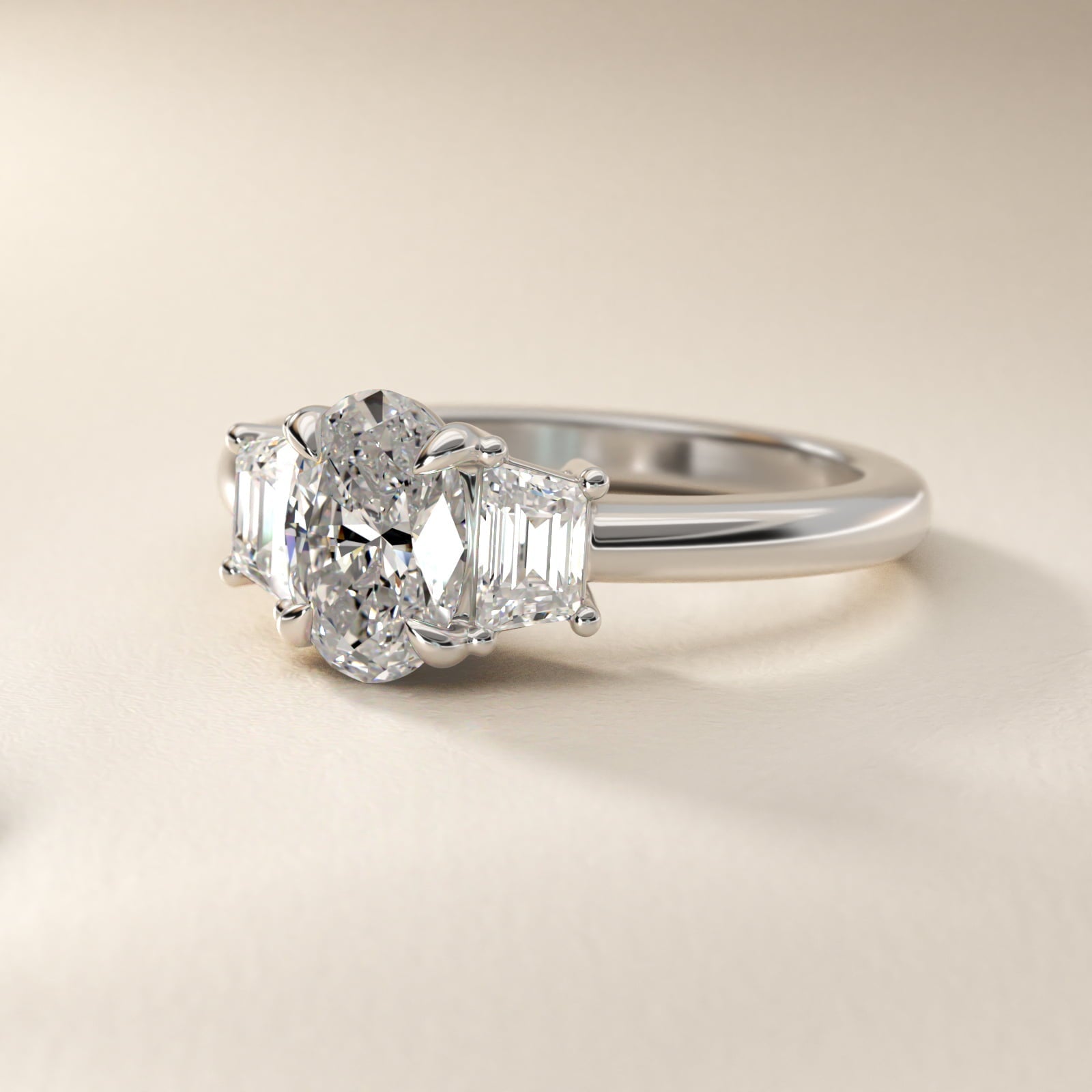 Three-Stone Trapezoid Sidestone Diamond Engagement Ring in Platinum (1/2 ct. tw.) - Oval Center