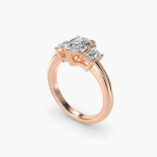 Three-Stone Trapezoid Sidestone Diamond Engagement Ring in 18k Rose Gold (1/2 ct. tw.) - Pear Center