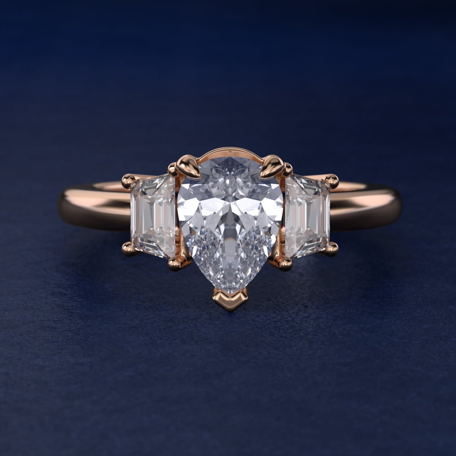 Three-Stone Trapezoid Sidestone Diamond Engagement Ring in 18k Rose Gold (1/2 ct. tw.) - Pear Center