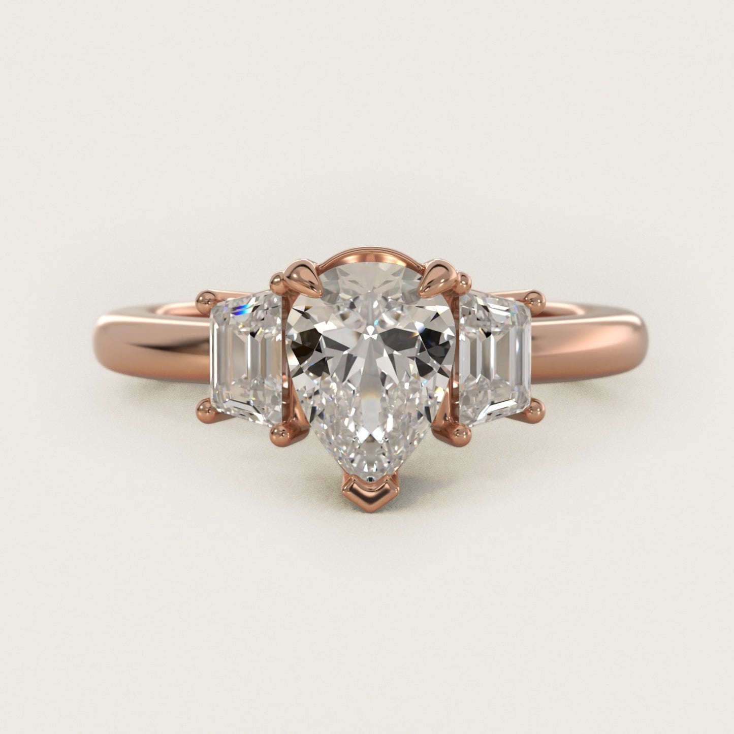 Three-Stone Trapezoid Sidestone Diamond Engagement Ring in 18k Rose Gold (1/2 ct. tw.) - Pear Center