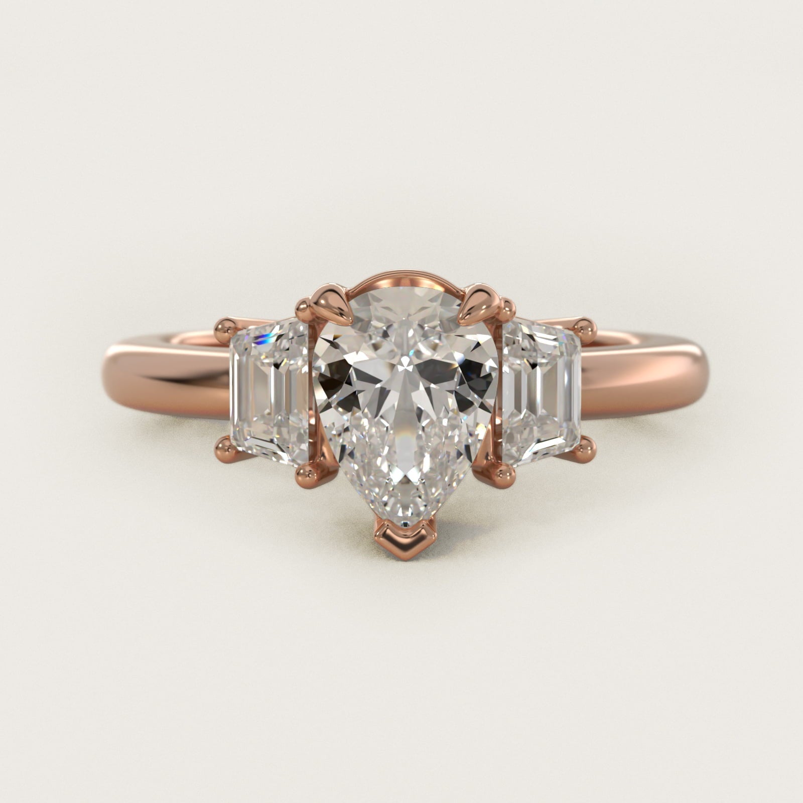 Three-Stone Trapezoid Sidestone Diamond Engagement Ring in 18k Rose Gold (1/2 ct. tw.) - Pear Center