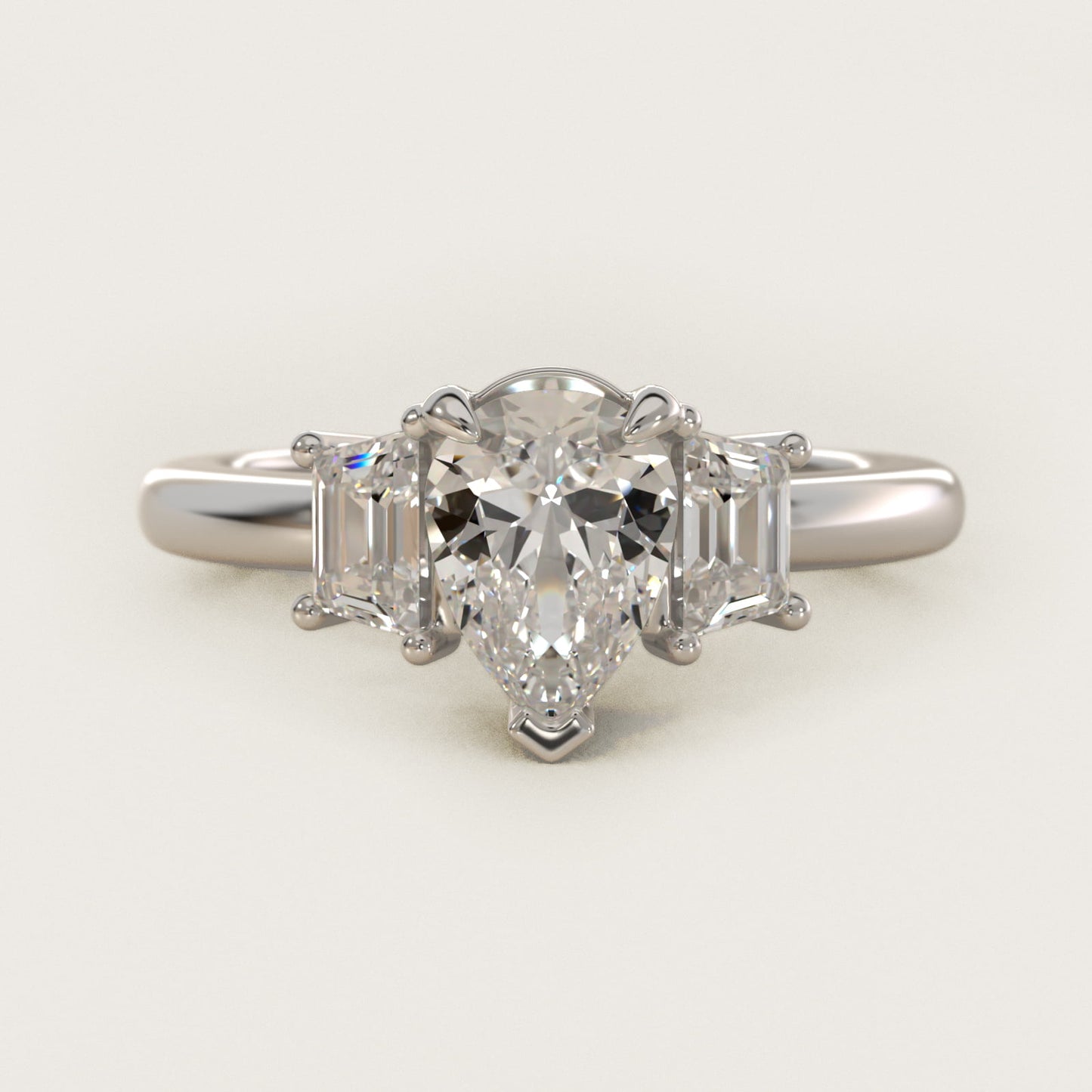 Three-Stone Trapezoid Sidestone Diamond Engagement Ring in 14k White Gold (1/2 ct. tw.) - Pear Center