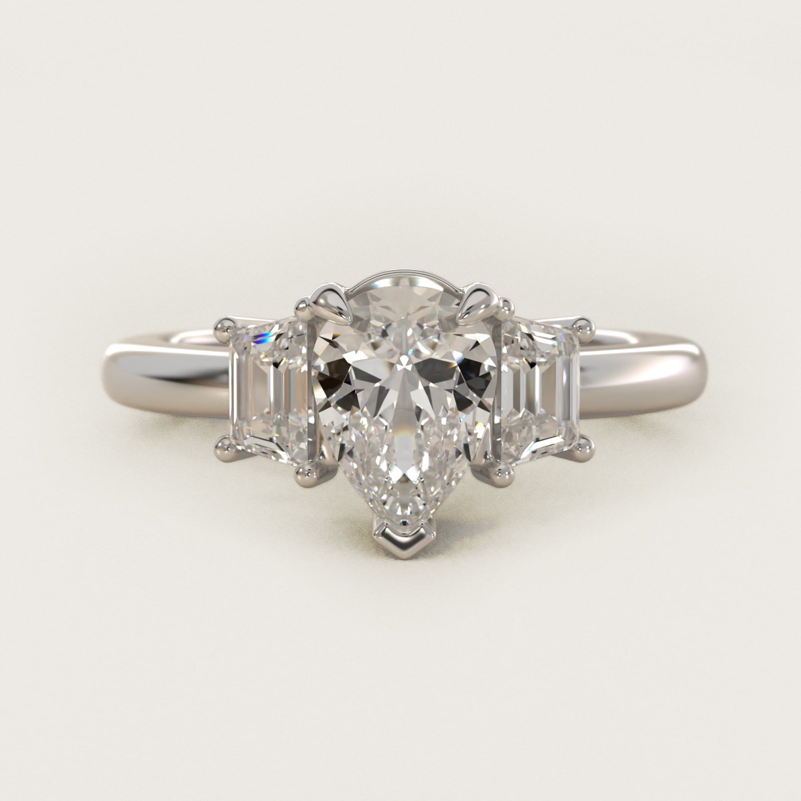 Three-Stone Trapezoid Sidestone Diamond Engagement Ring in 14k White Gold (1/2 ct. tw.) - Pear Center