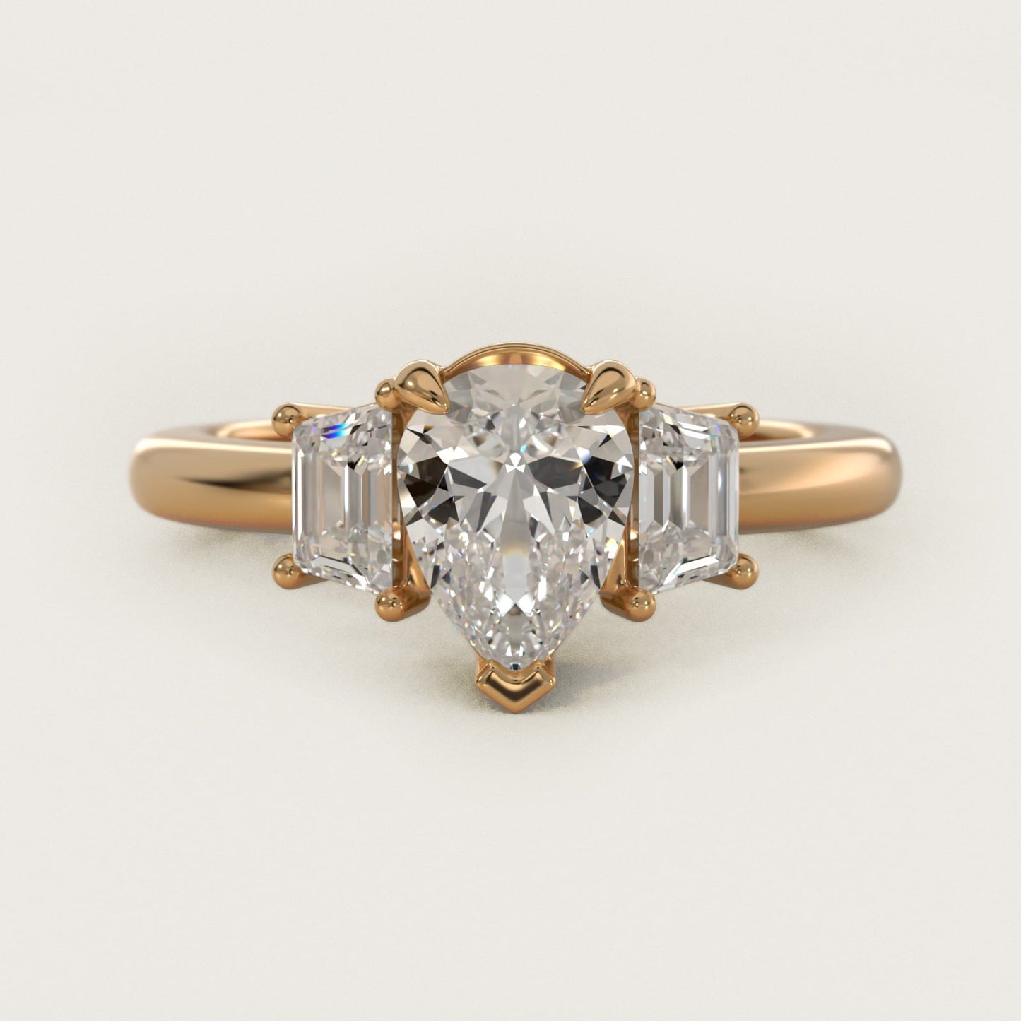 Three-Stone Trapezoid Sidestone Diamond Engagement Ring in 18k Yellow Gold (1/2 ct. tw.) - Pear Center