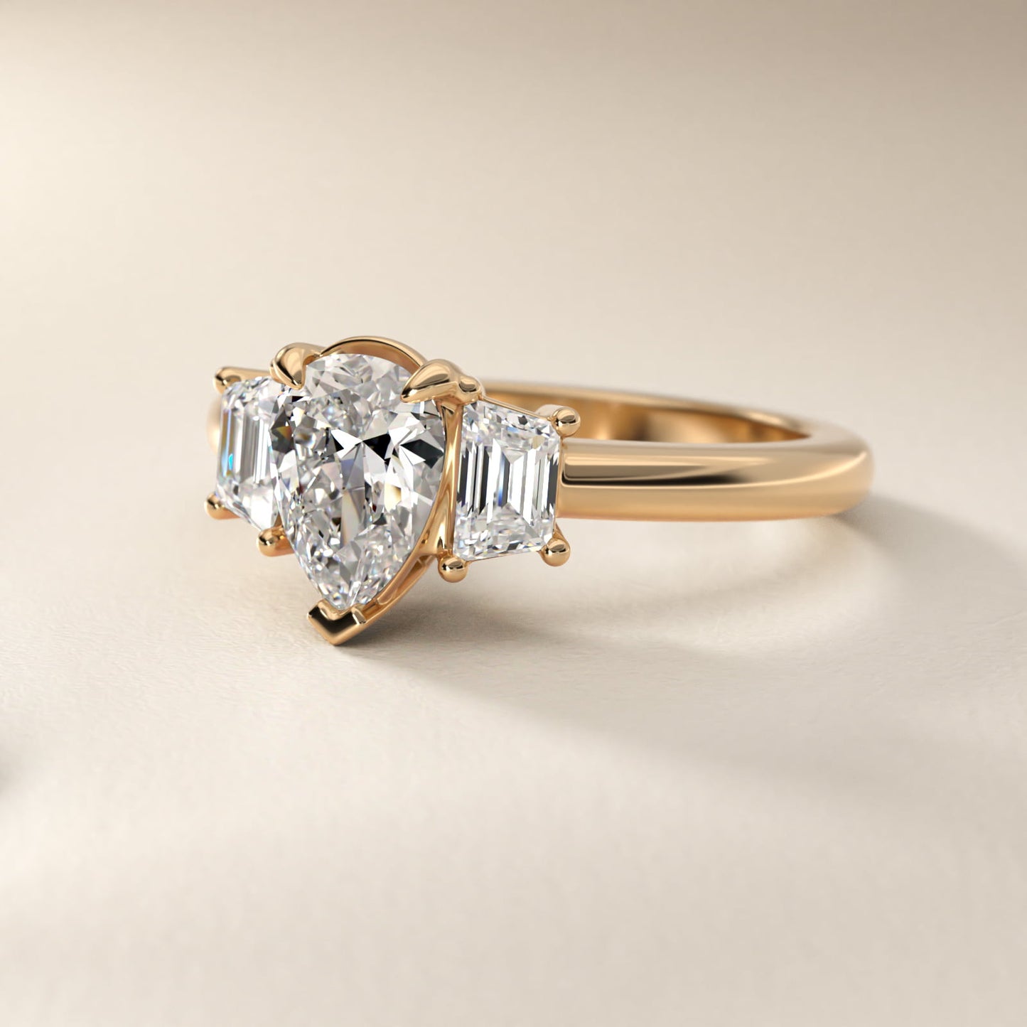 Three-Stone Trapezoid Sidestone Diamond Engagement Ring in 14K Yellow Gold (1/2 ct. tw.) - Pear Center