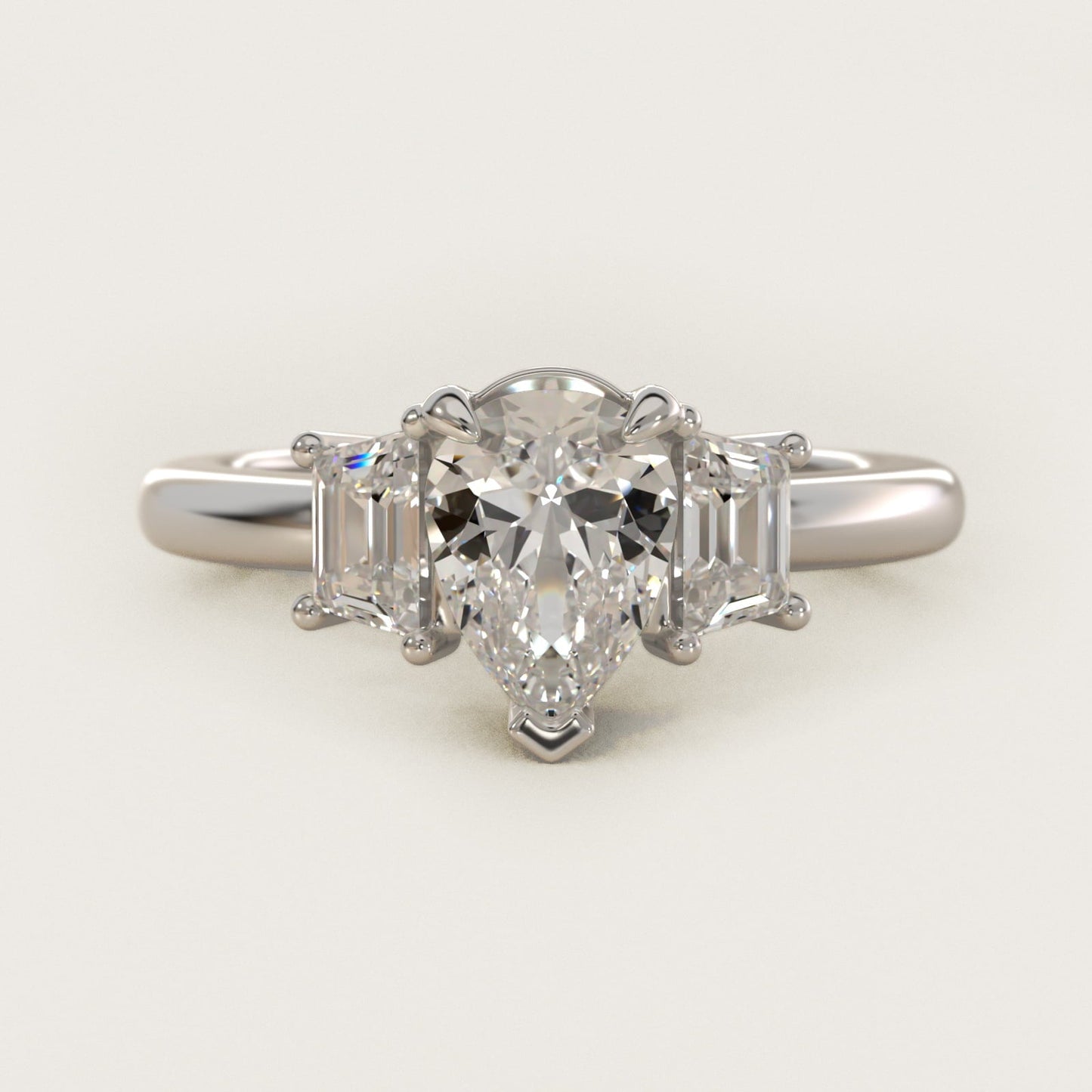 Three-Stone Trapezoid Sidestone Diamond Engagement Ring in Platinum (1/2 ct. tw.) - Pear Center