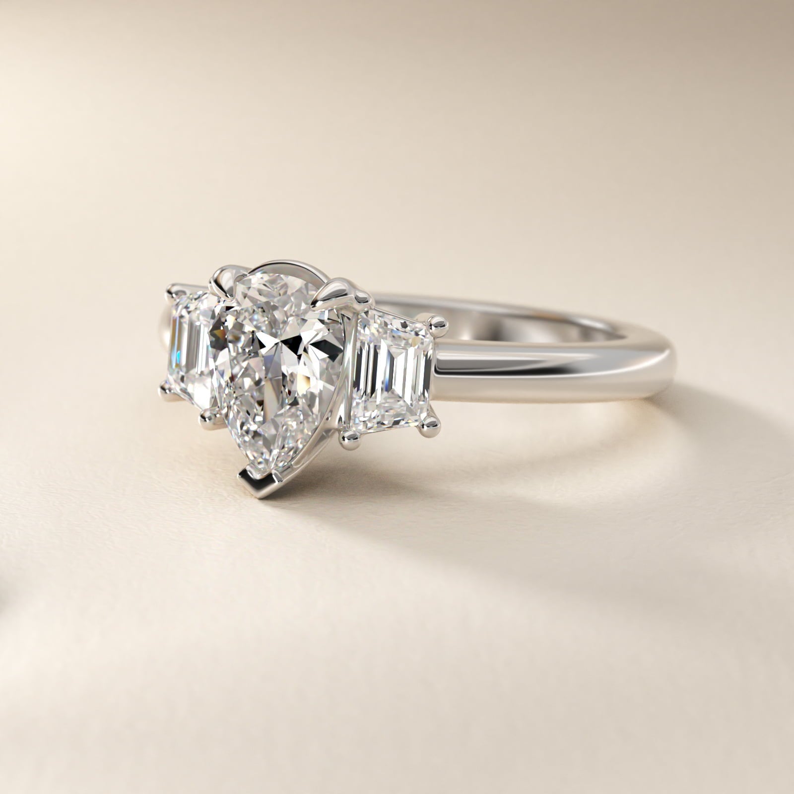 Three-Stone Trapezoid Sidestone Diamond Engagement Ring in Platinum (1/2 ct. tw.) - Pear Center