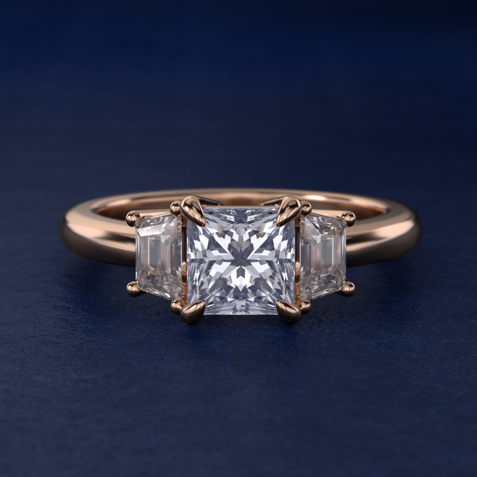 Three-Stone Trapezoid Sidestone Diamond Engagement Ring in 18k Rose Gold (1/2 ct. tw.) - Princess Center