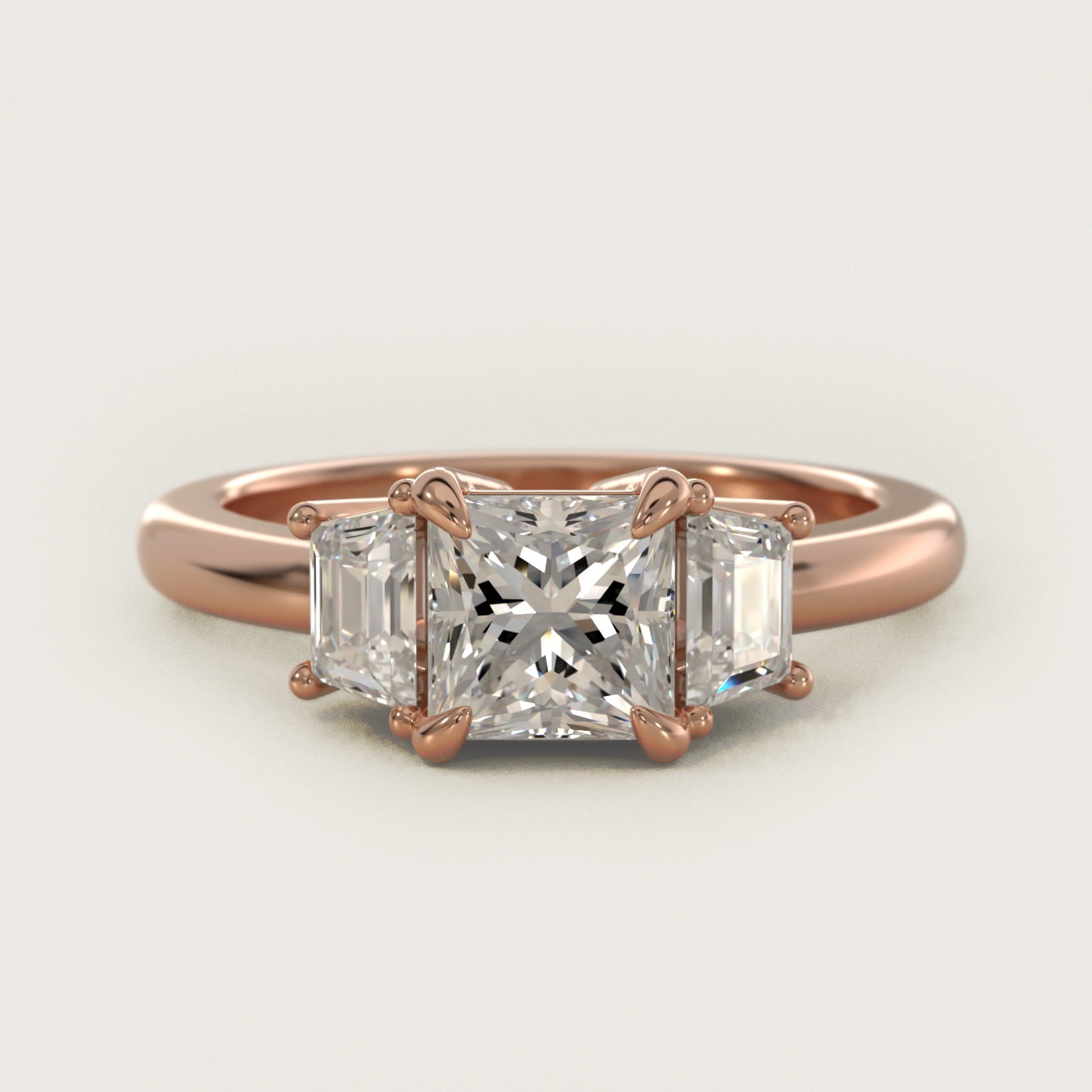 Three-Stone Trapezoid Sidestone Diamond Engagement Ring in 18k Rose Gold (1/2 ct. tw.) - Princess Center