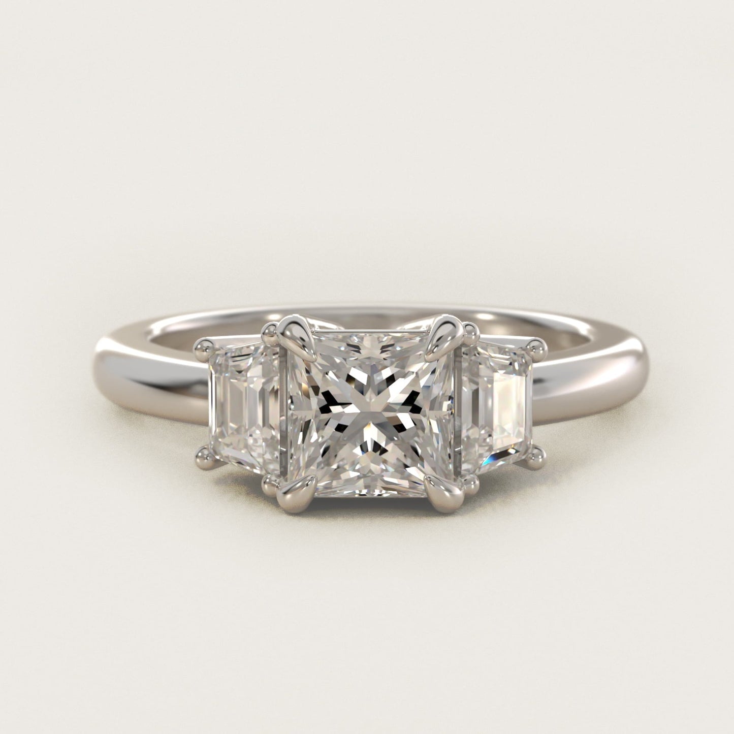 Three-Stone Trapezoid Sidestone Diamond Engagement Ring in Platinum (1/2 ct. tw.) - Princess Center