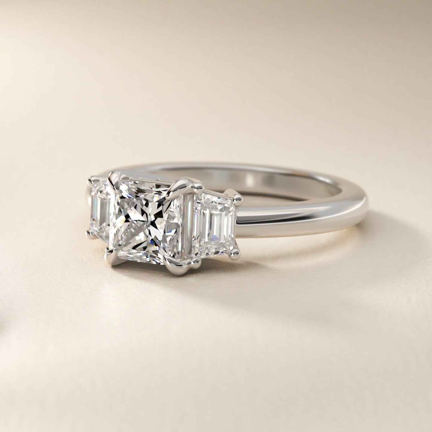Three-Stone Trapezoid Sidestone Diamond Engagement Ring in Platinum (1/2 ct. tw.) - Princess Center