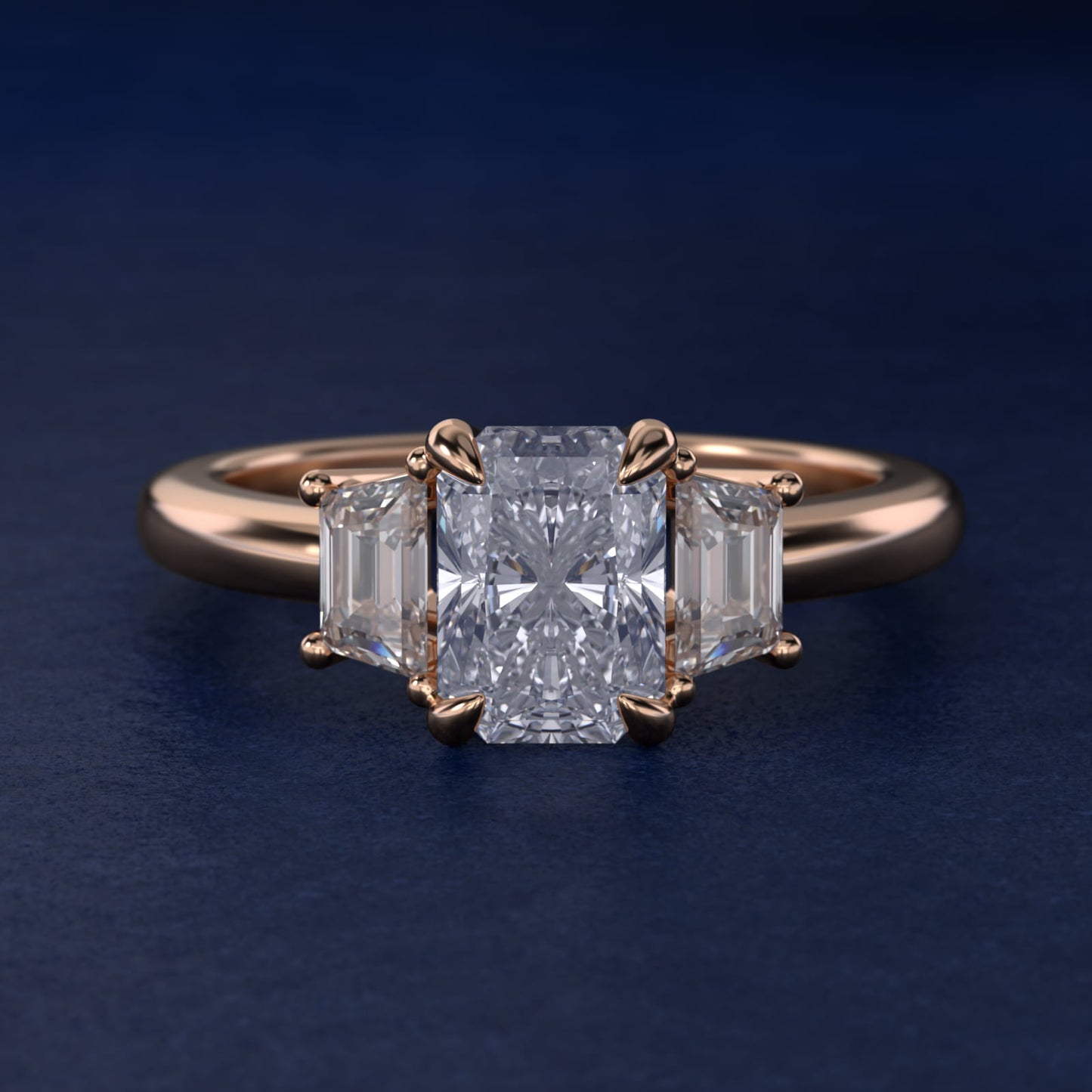 Three-Stone Trapezoid Sidestone Diamond Engagement Ring in 14k Rose Gold (1/2 ct. tw.) - Radiant Center