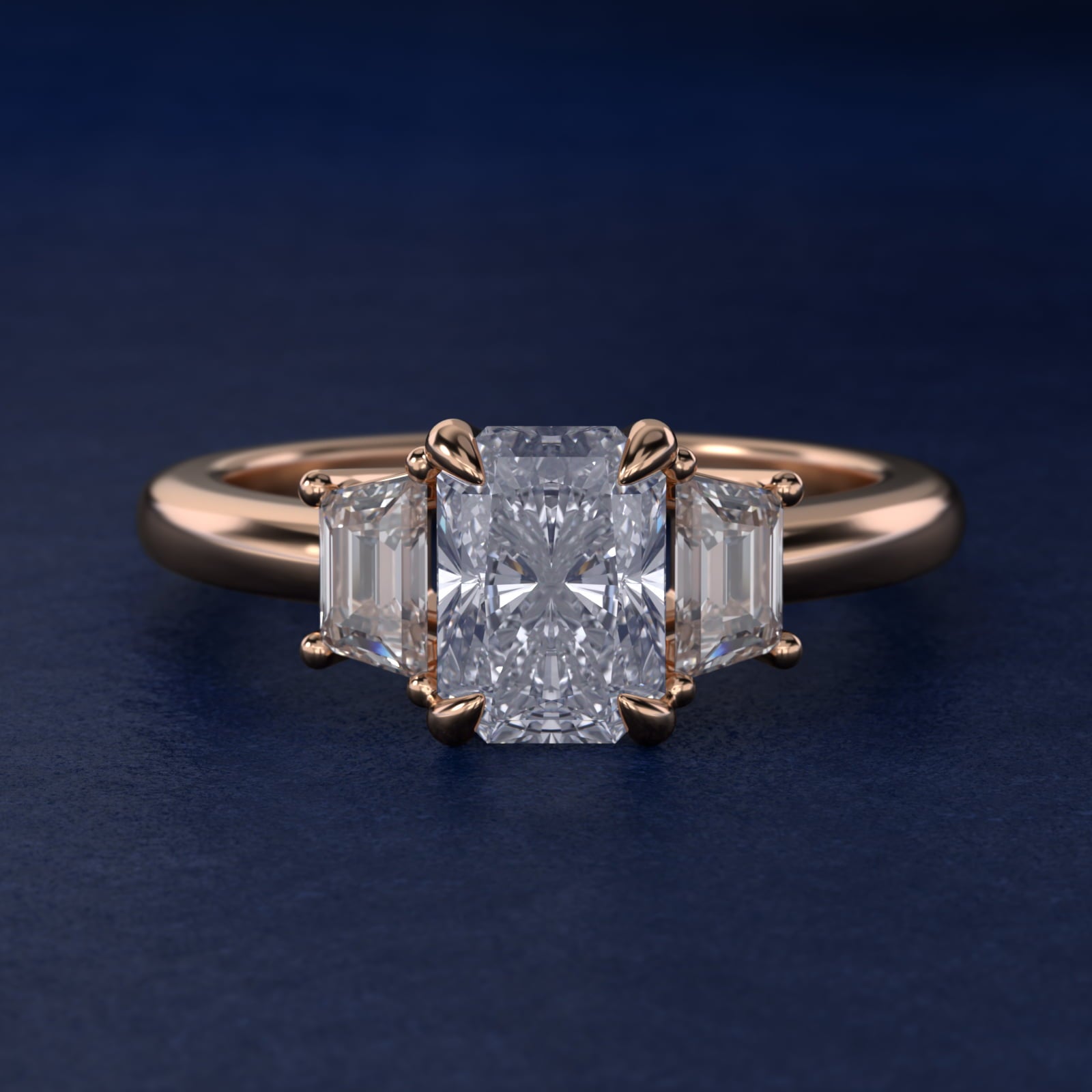 Three-Stone Trapezoid Sidestone Diamond Engagement Ring in 14k Rose Gold (1/2 ct. tw.) - Radiant Center