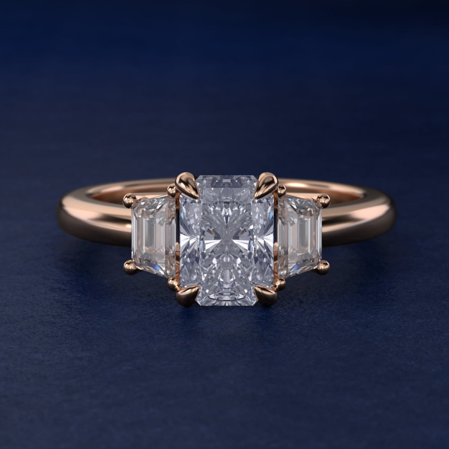 Three-Stone Trapezoid Sidestone Diamond Engagement Ring in 18k Rose Gold (1/2 ct. tw.) - Radiant Center