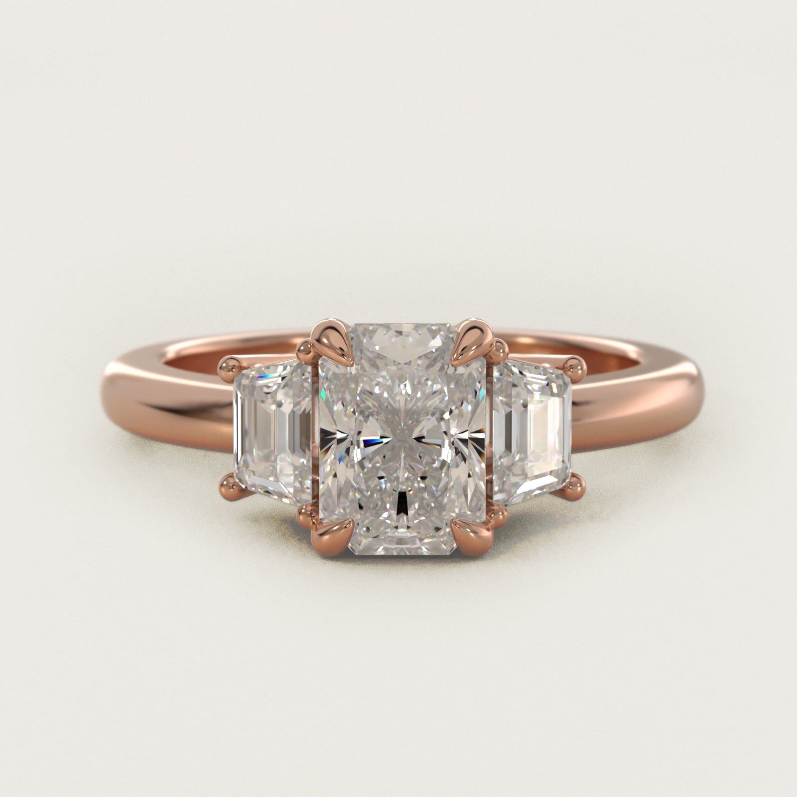 Three-Stone Trapezoid Sidestone Diamond Engagement Ring in 14k Rose Gold (1/2 ct. tw.) - Radiant Center