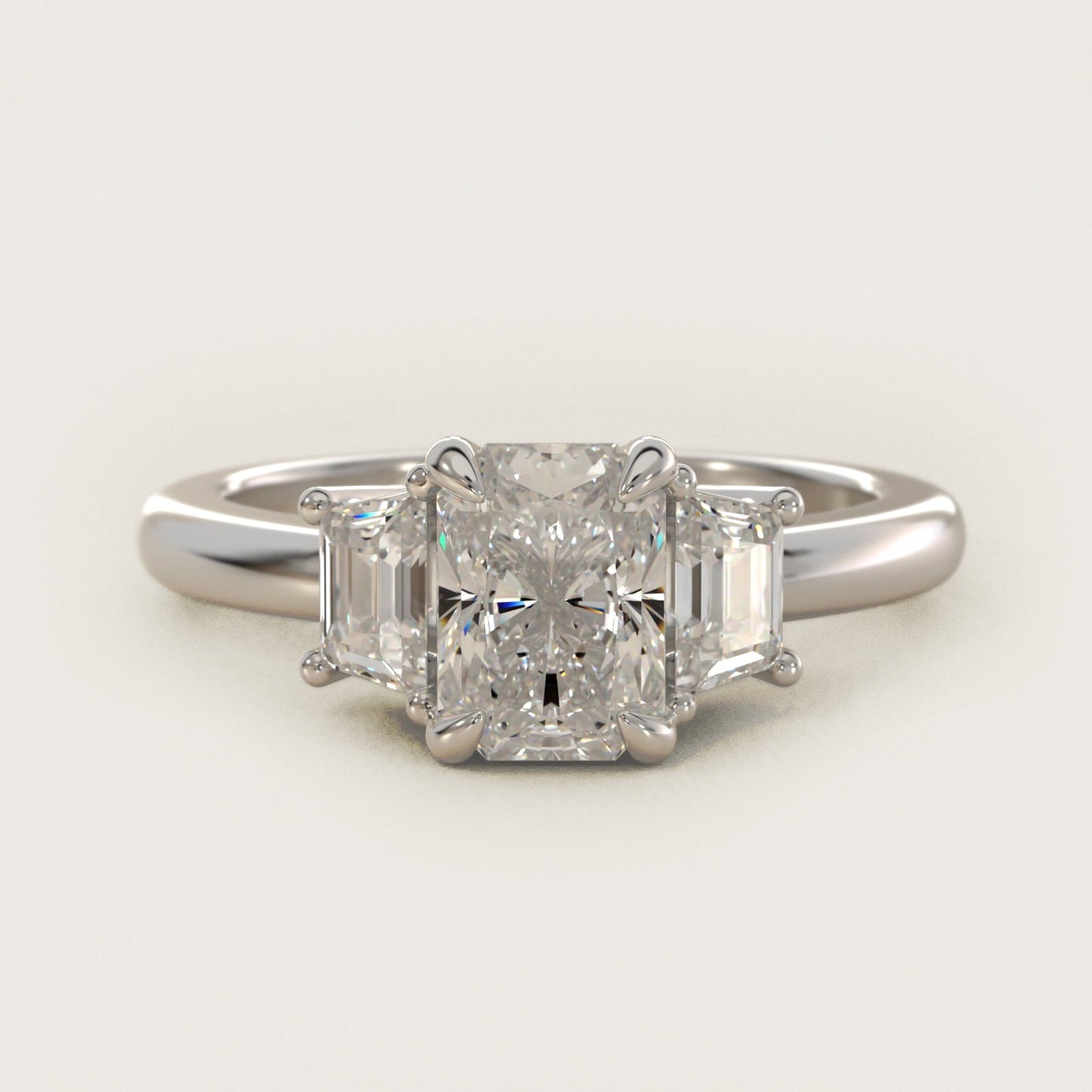 Three-Stone Trapezoid Sidestone Diamond Engagement Ring in 18k White Gold (1/2 ct. tw.) - Radiant Center