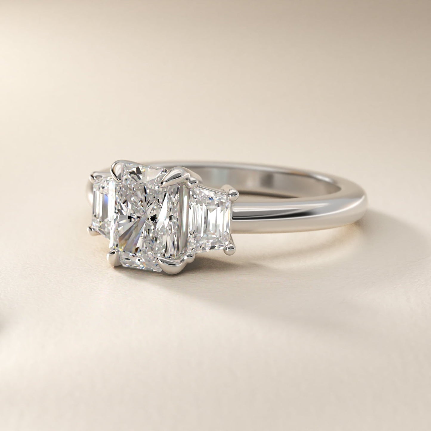 Three-Stone Trapezoid Sidestone Diamond Engagement Ring in Platinum (1/2 ct. tw.) - Radiant Center