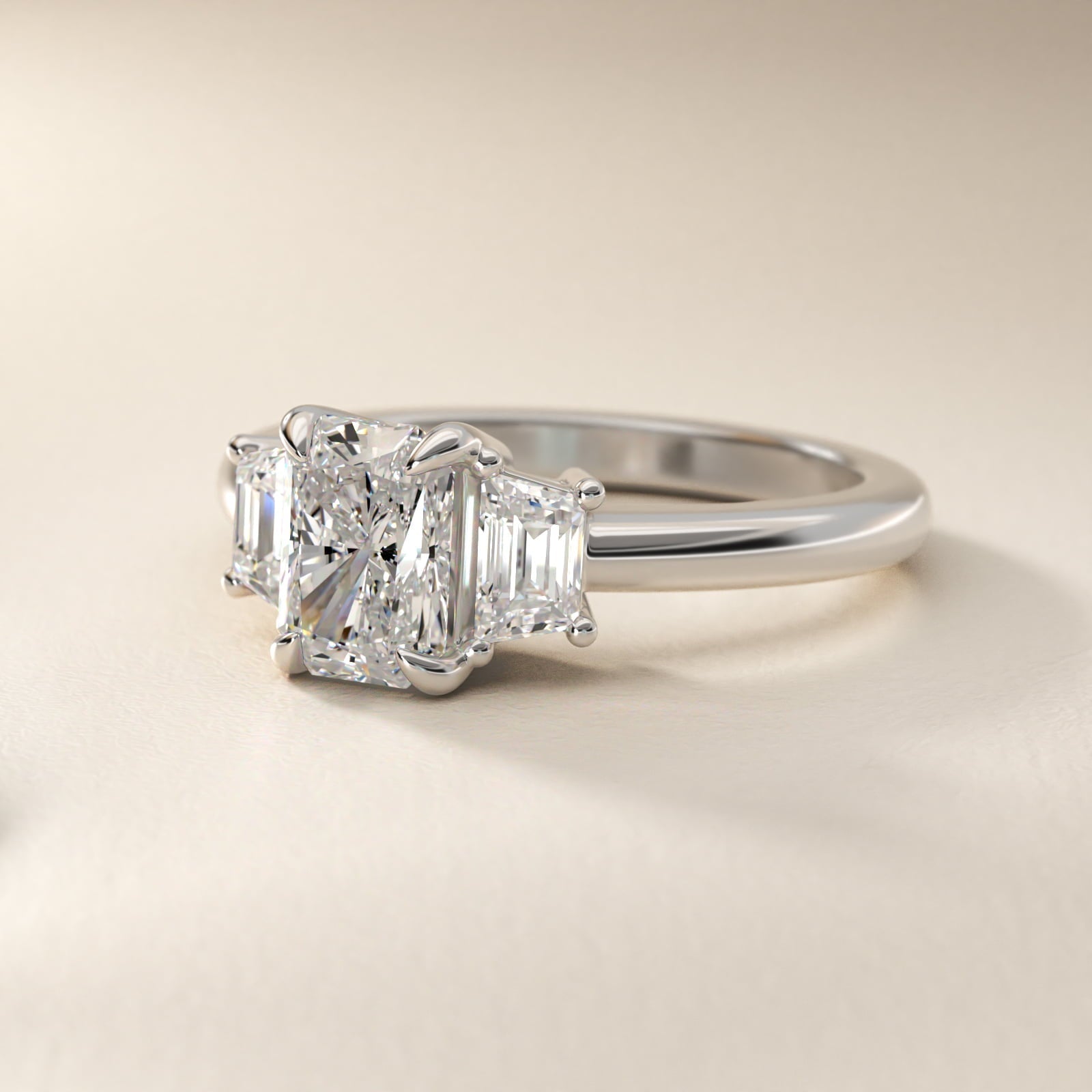 Three-Stone Trapezoid Sidestone Diamond Engagement Ring in Platinum (1/2 ct. tw.) - Radiant Center