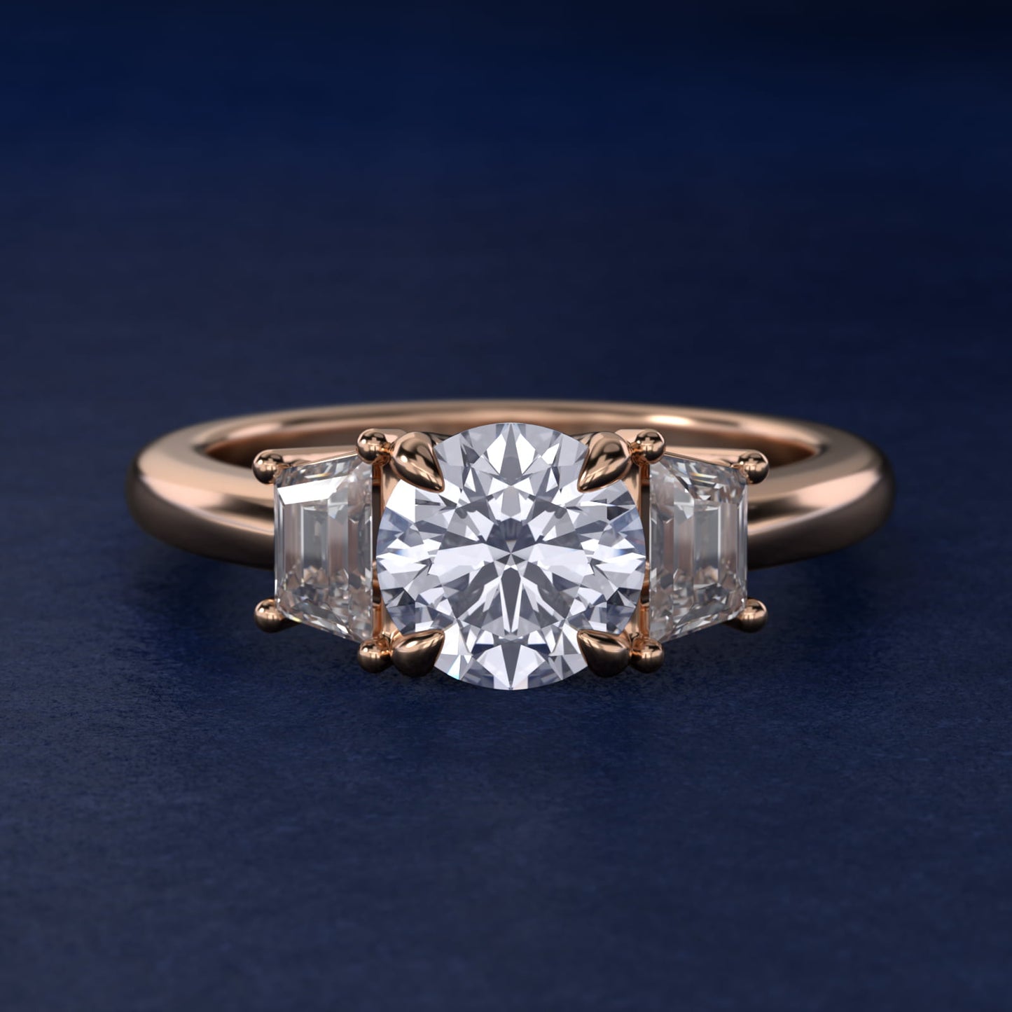 Three-Stone Trapezoid Sidestone Diamond Engagement Ring in 14k Rose Gold (1/2 ct. tw.) - Round Center