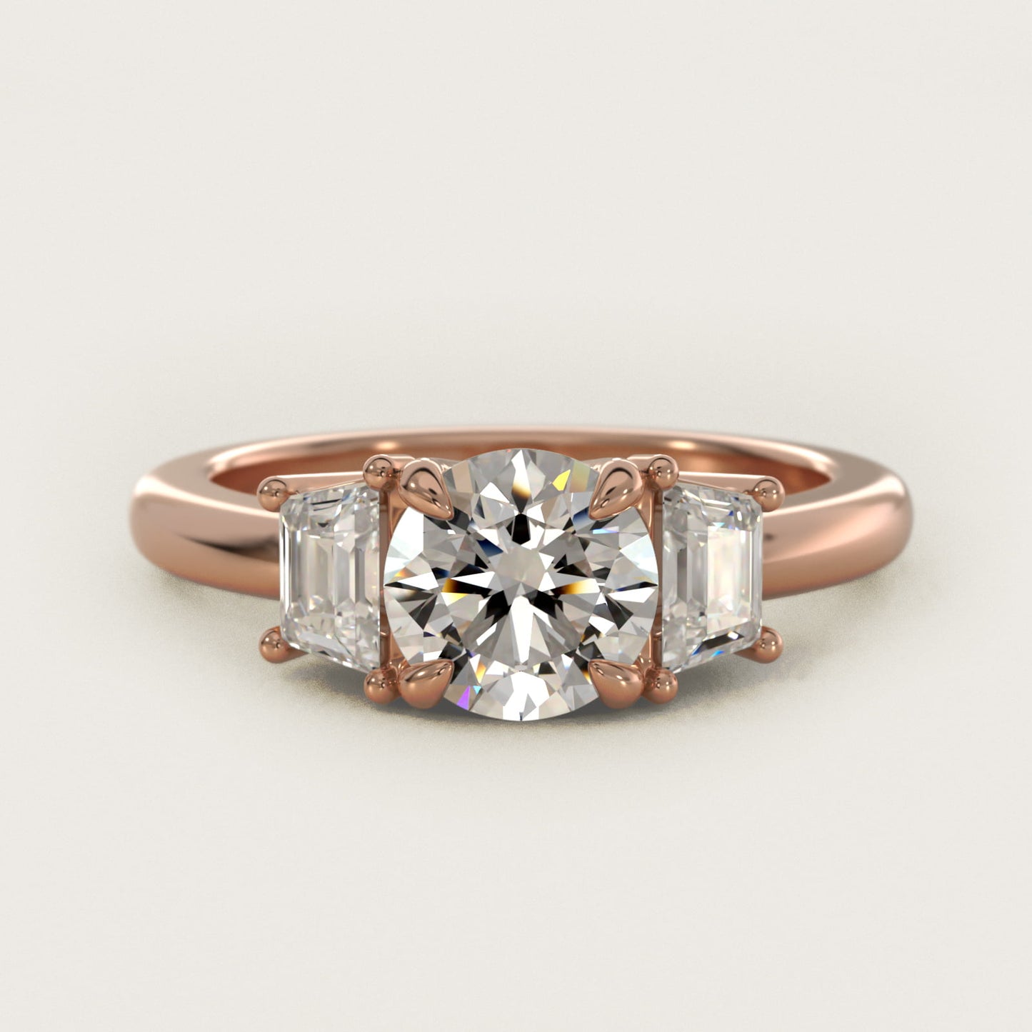 Three-Stone Trapezoid Sidestone Diamond Engagement Ring in 14k Rose Gold (1/2 ct. tw.) - Round Center