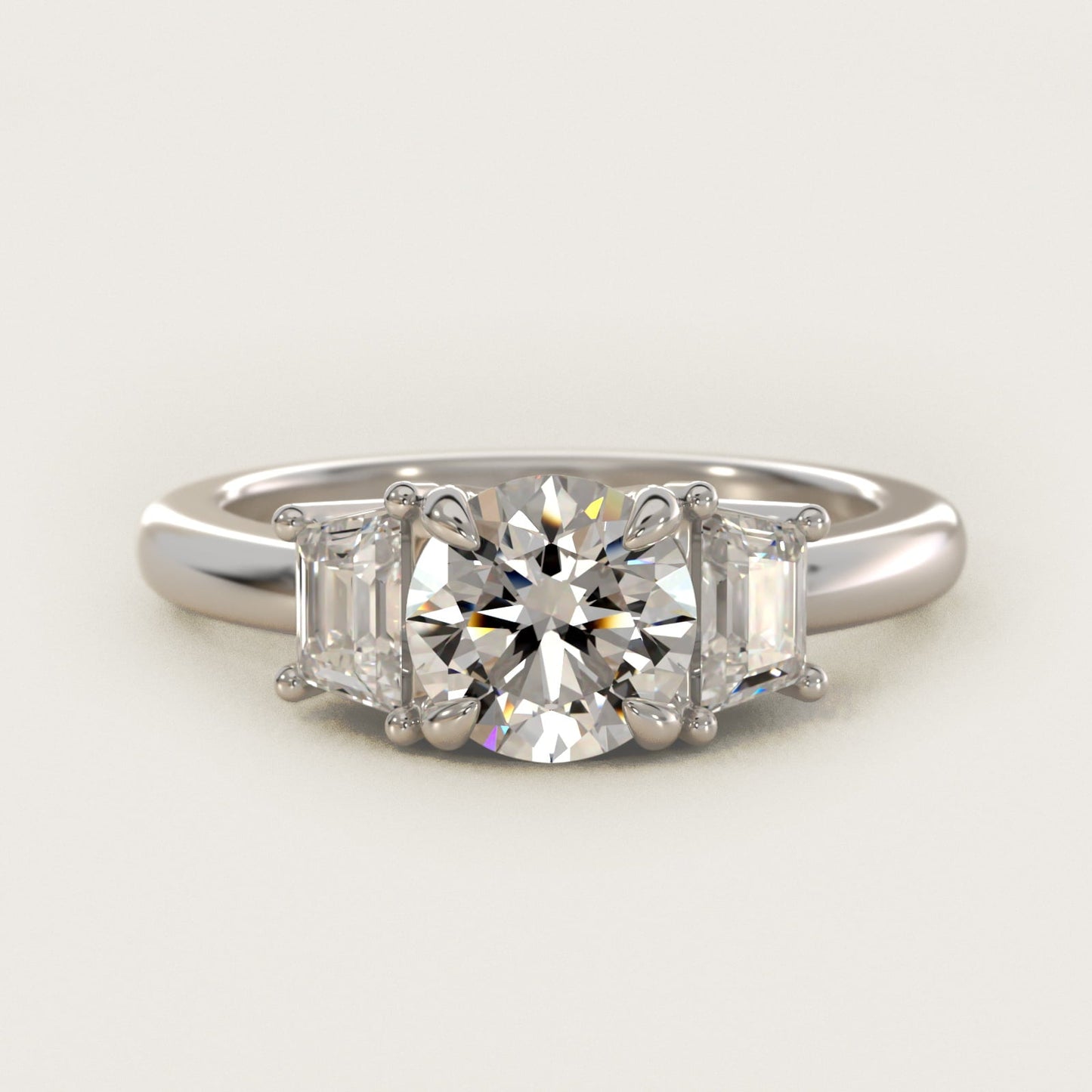 Three-Stone Trapezoid Sidestone Diamond Engagement Ring in 18k White Gold (1/2 ct. tw.) - Round Center