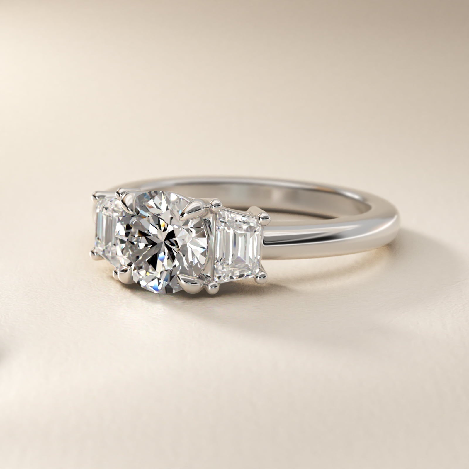 Three-Stone Trapezoid Sidestone Diamond Engagement Ring in Platinum (1/2 ct. tw.) - Round Center