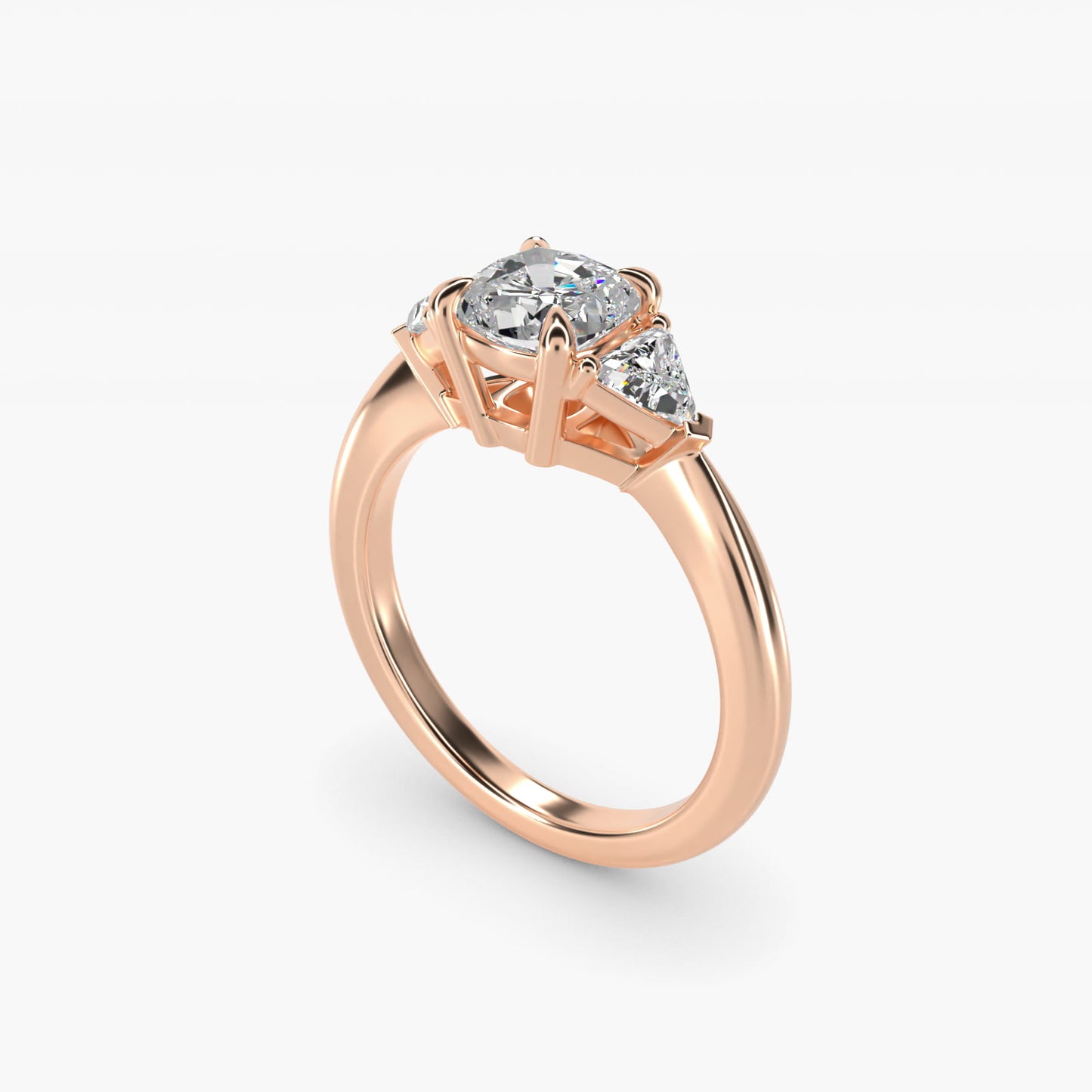 Three-Stone Trillion Diamond Engagement Ring in 14k Rose Gold (1/3 ct. tw.) - Cushion Center