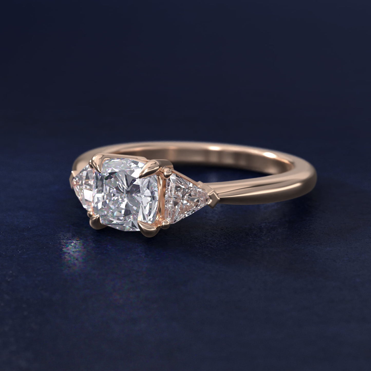 Three-Stone Trillion Diamond Engagement Ring in 14k Rose Gold (1/3 ct. tw.) - Cushion Center