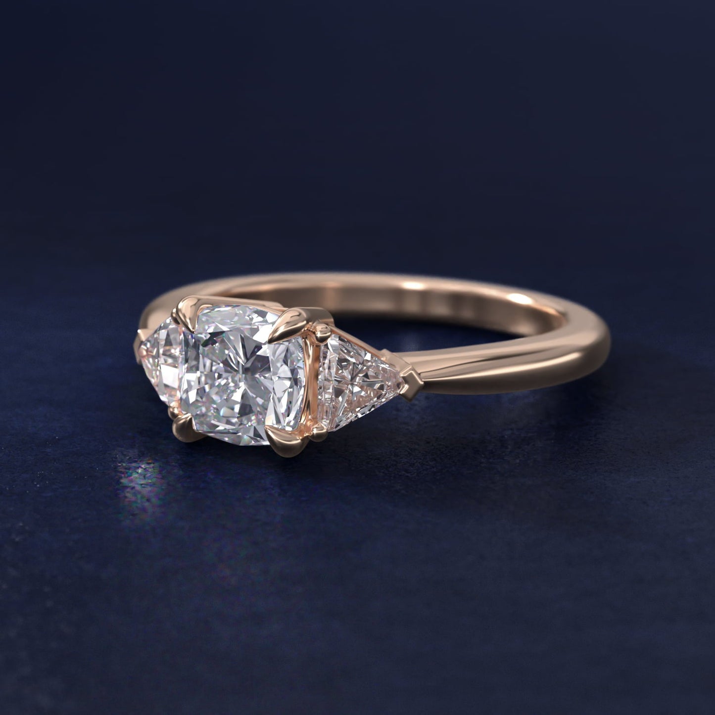 Three-Stone Trillion Diamond Engagement Ring in 18k Rose Gold (1/3 ct. tw.) - Cushion Center