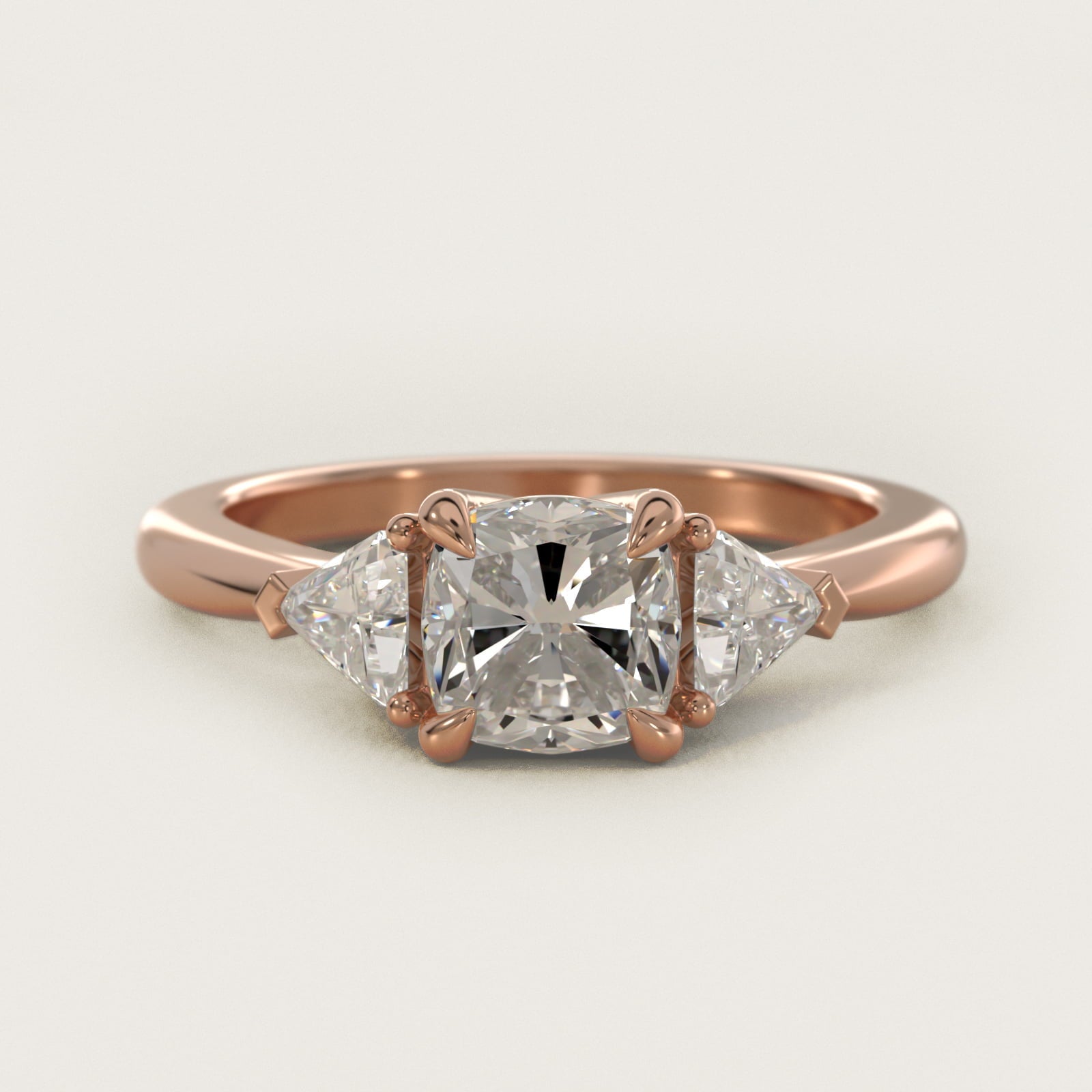 Three-Stone Trillion Diamond Engagement Ring in 18k Rose Gold (1/3 ct. tw.) - Cushion Center
