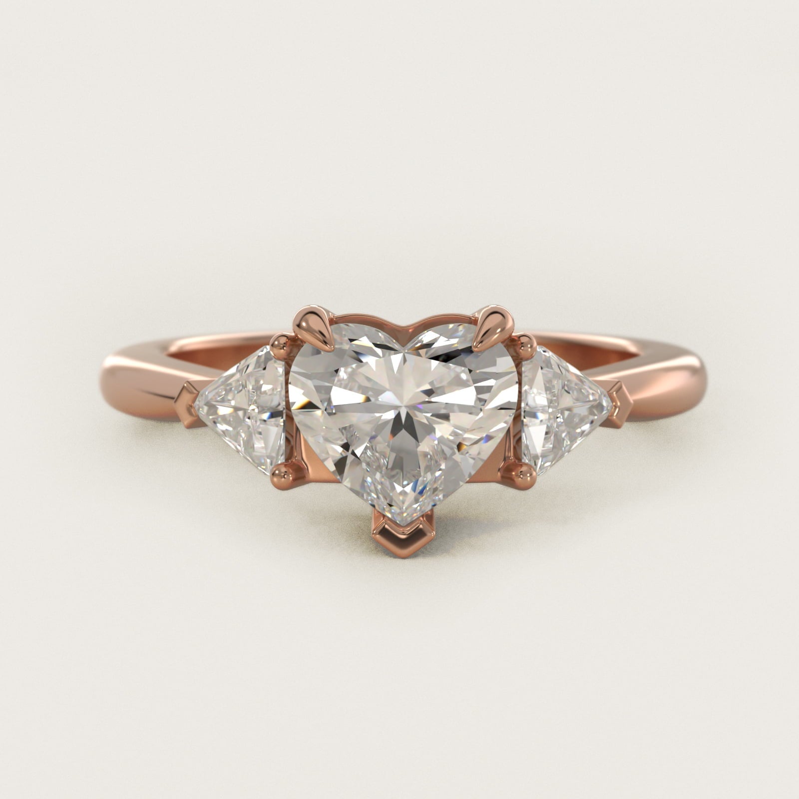 Three-Stone Trillion Diamond Engagement Ring in 18k Rose Gold (1/3 ct. tw.) - Heart Center