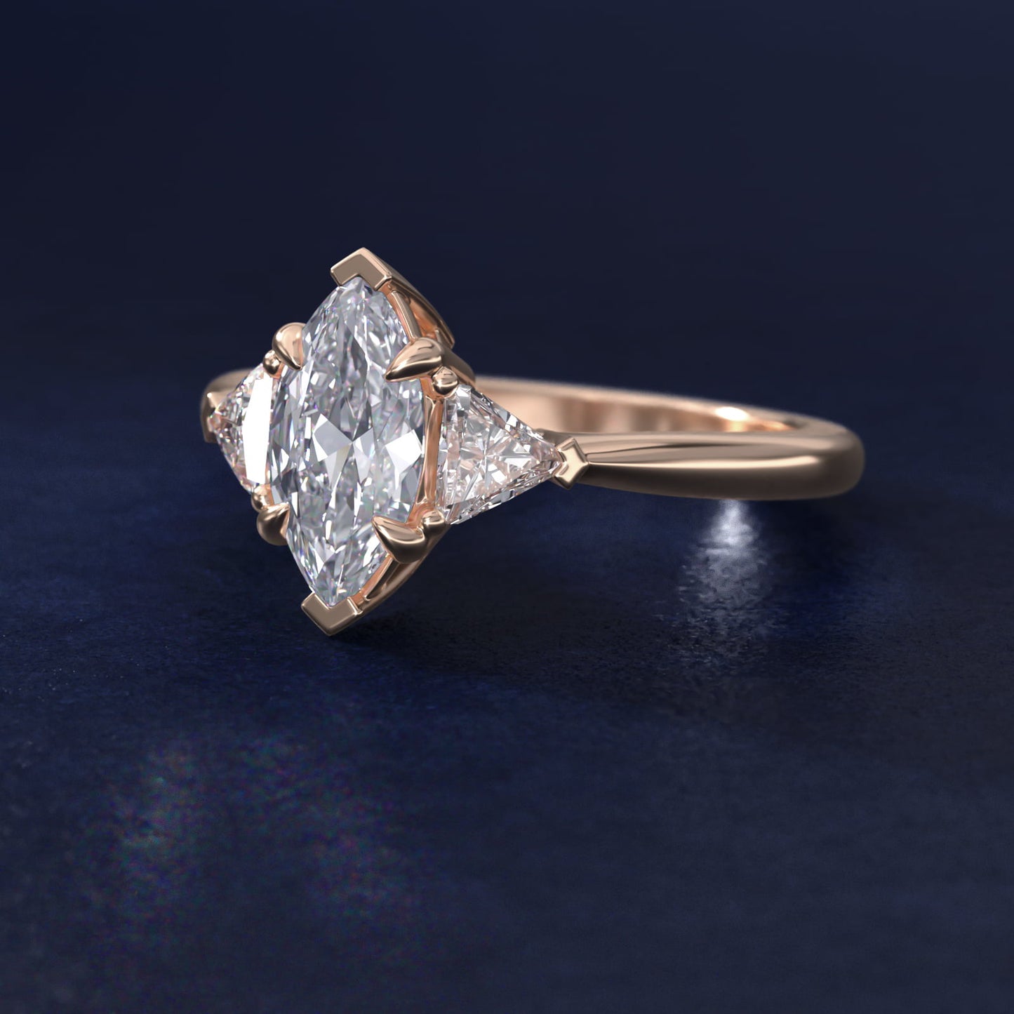 Three-Stone Trillion Diamond Engagement Ring in 14k Rose Gold (1/3 ct. tw.) - Marquise Center